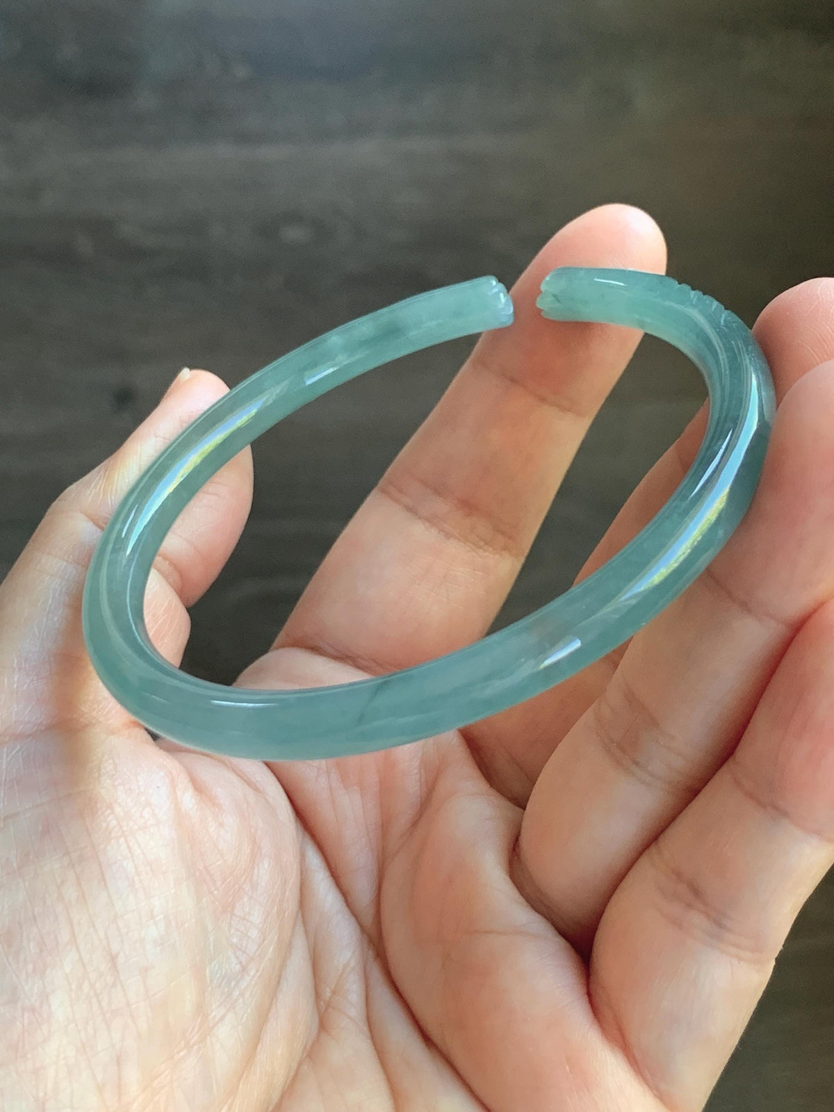 Certified Natural Grade A Guatemalan Icy Translucent Dusty Teal Jade Jadeite Carved Paw Print Open Bangle 61.04mm 7.55” 20g 天然冰危篮翡翠猫爪开口手镯955