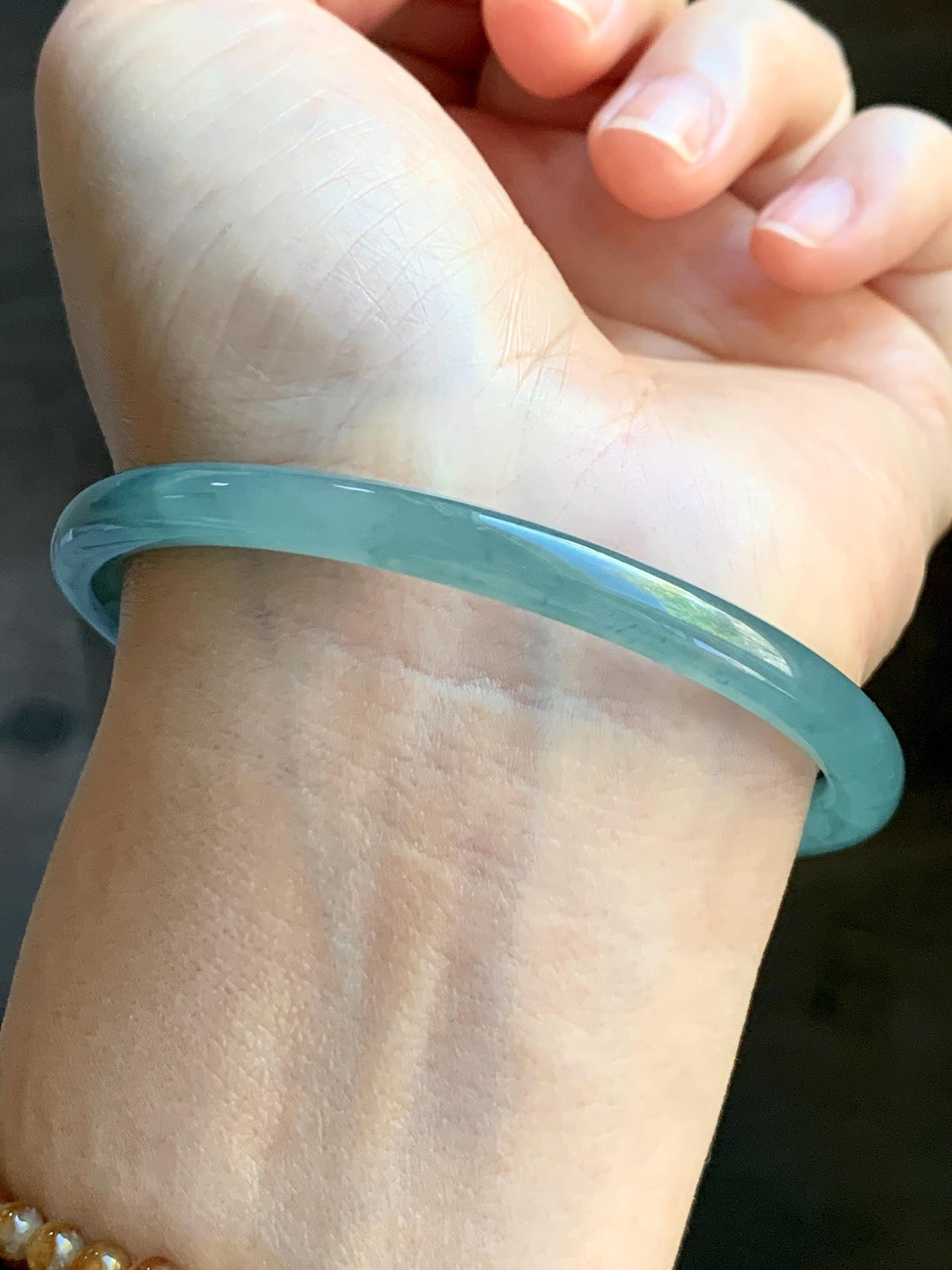 Certified Natural Grade A Guatemalan Icy Translucent Dusty Teal Jade Jadeite Carved Paw Print Open Bangle 61.04mm 7.55” 20g 天然冰危篮翡翠猫爪开口手镯955