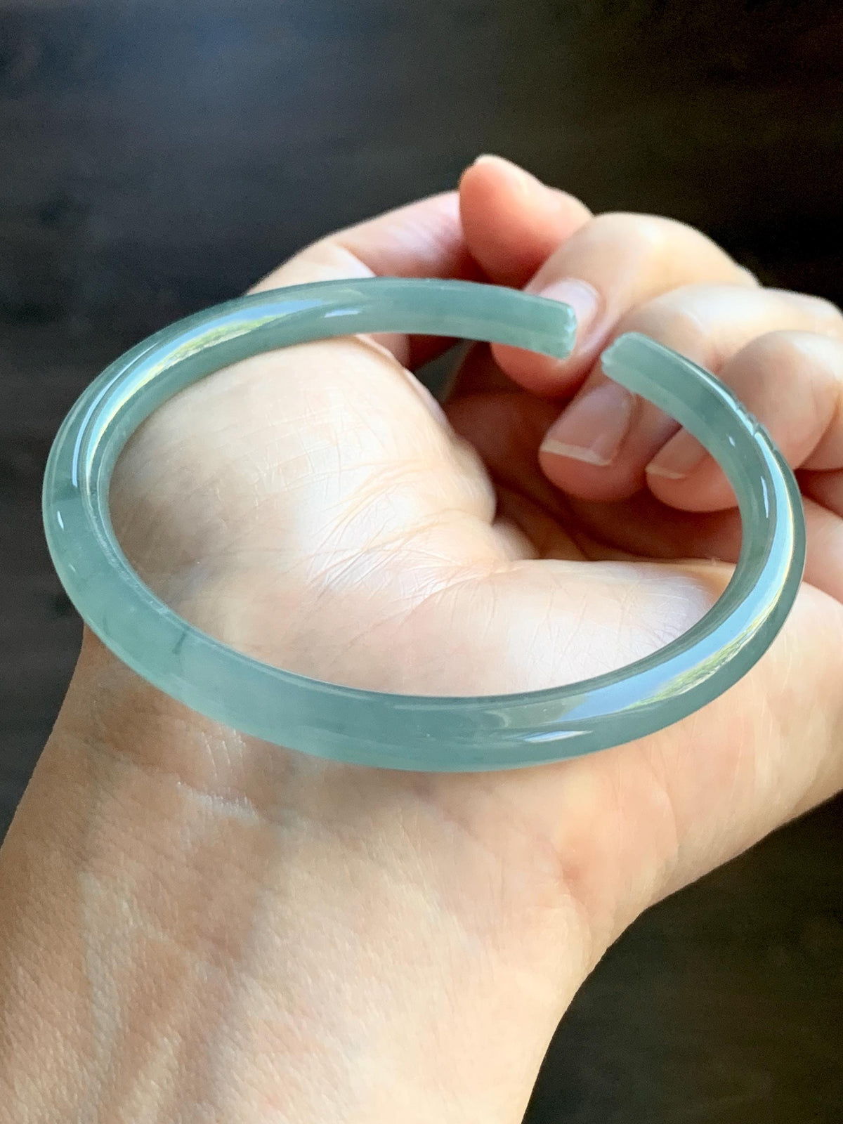 Certified Natural Grade A Guatemalan Icy Translucent Dusty Teal Jade Jadeite Carved Paw Print Open Bangle 61.04mm 7.55” 20g 天然冰危篮翡翠猫爪开口手镯955