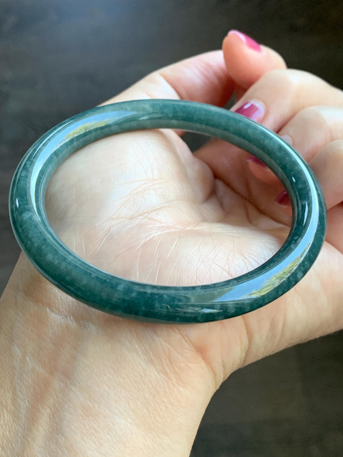 Certified Natural Grade A Guatemalan Icy Translucent Dark Dusty Blue Jade Jadeite Bangle Bracelet 57.5 mm 7.11” 34g 天然冰危深蓝翡翠圆条手镯 975