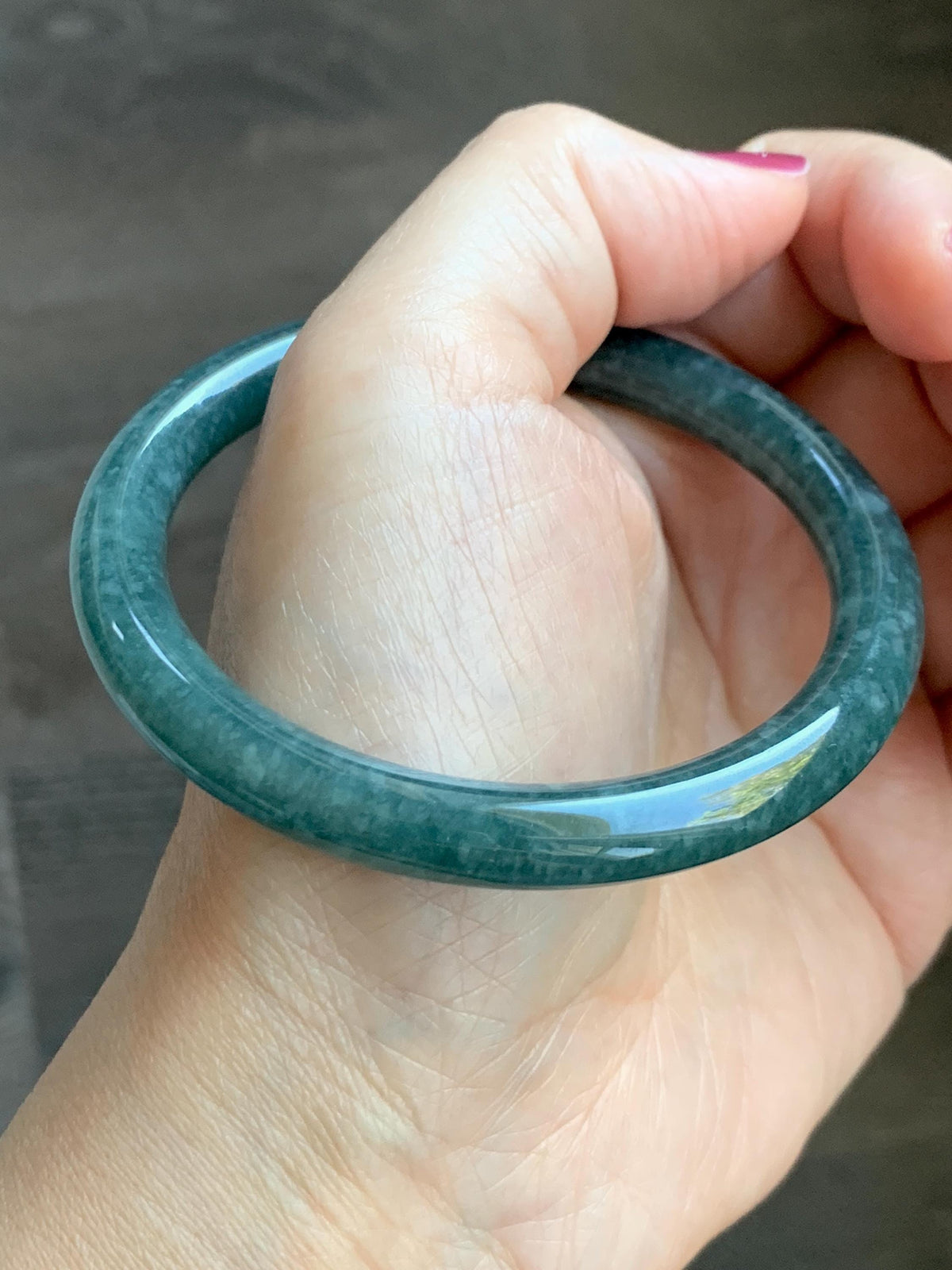 Certified Natural Grade A Guatemalan Icy Translucent Dark Dusty Blue Jade Jadeite Bangle Bracelet 57.5 mm 7.11” 34g 天然冰危深蓝翡翠圆条手镯 975