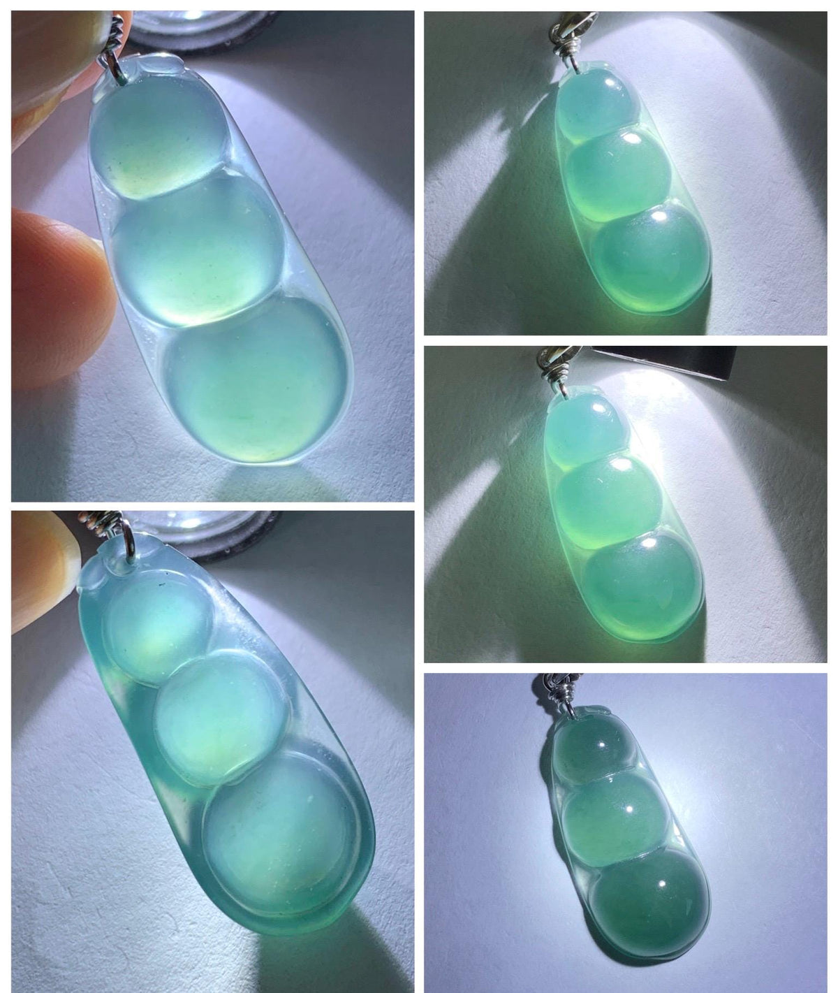 Natural Grade A Guatemalan Icy Translucent Dark Teal Blue Jade Jadeite Carved Peapod Pendant Sterling Silver 4g 天然冰危深蓝翡翠福豆吊坠 WLD90B