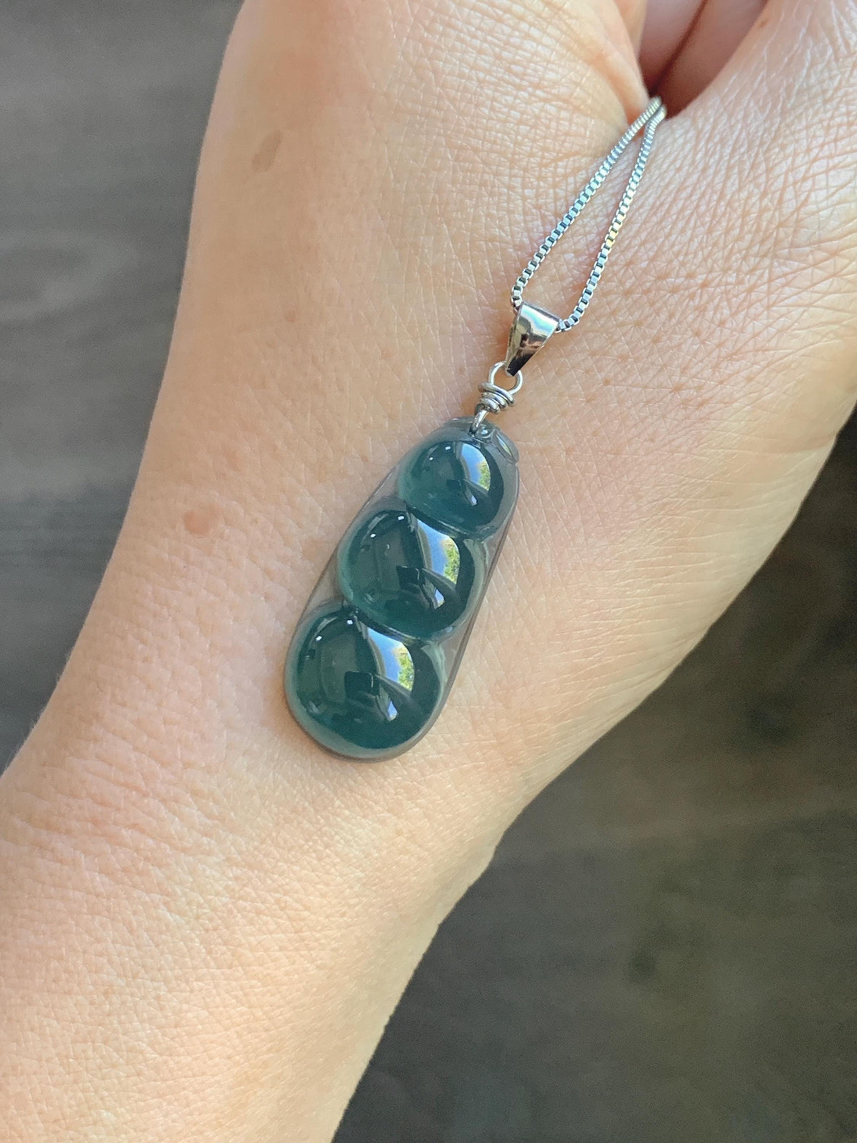 Natural Grade A Guatemalan Icy Translucent Dark Teal Blue Jade Jadeite Carved Peapod Pendant Sterling Silver 4g 天然冰危深蓝翡翠福豆吊坠 WLD90B