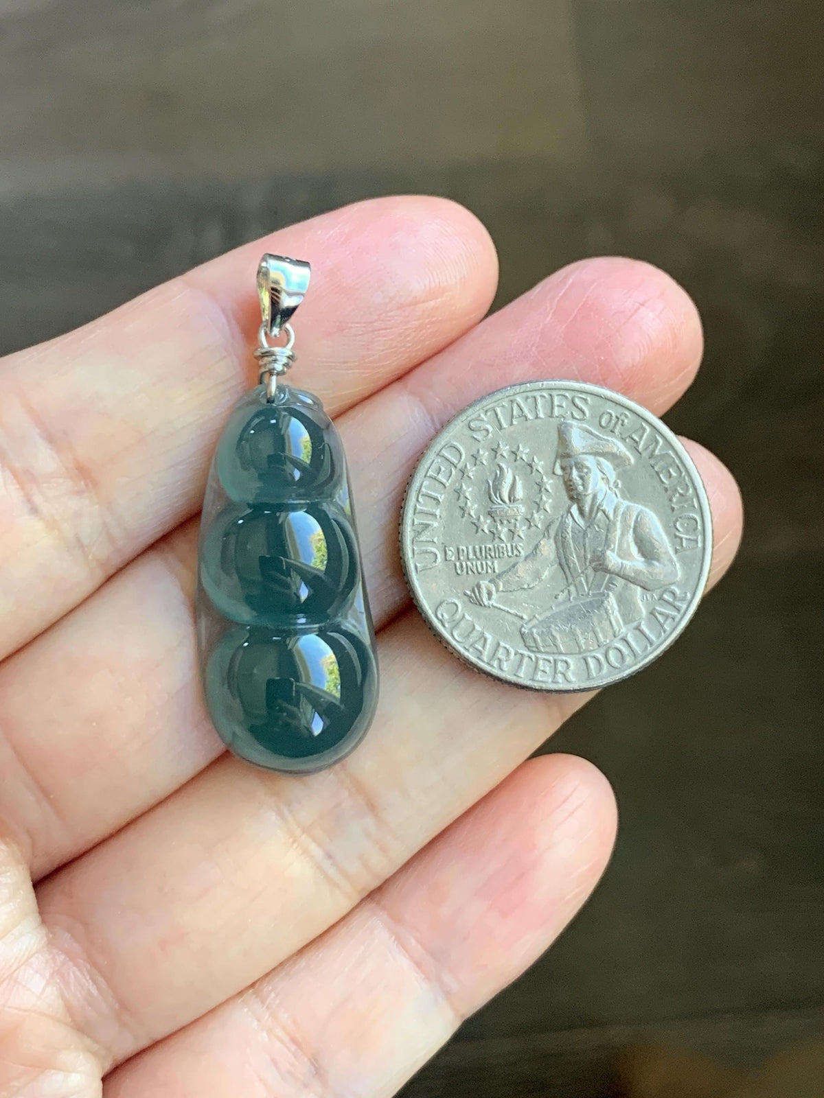 Natural Grade A Guatemalan Icy Translucent Dark Teal Blue Jade Jadeite Carved Peapod Pendant Sterling Silver 4g 天然冰危深蓝翡翠福豆吊坠 WLD90B