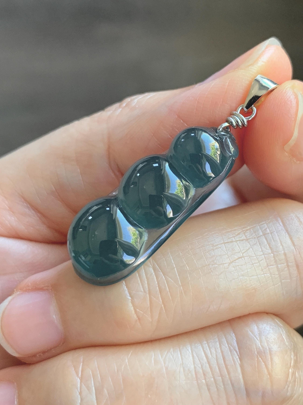 Natural Grade A Guatemalan Icy Translucent Dark Teal Blue Jade Jadeite Carved Peapod Pendant Sterling Silver 4g 天然冰危深蓝翡翠福豆吊坠 WLD90B