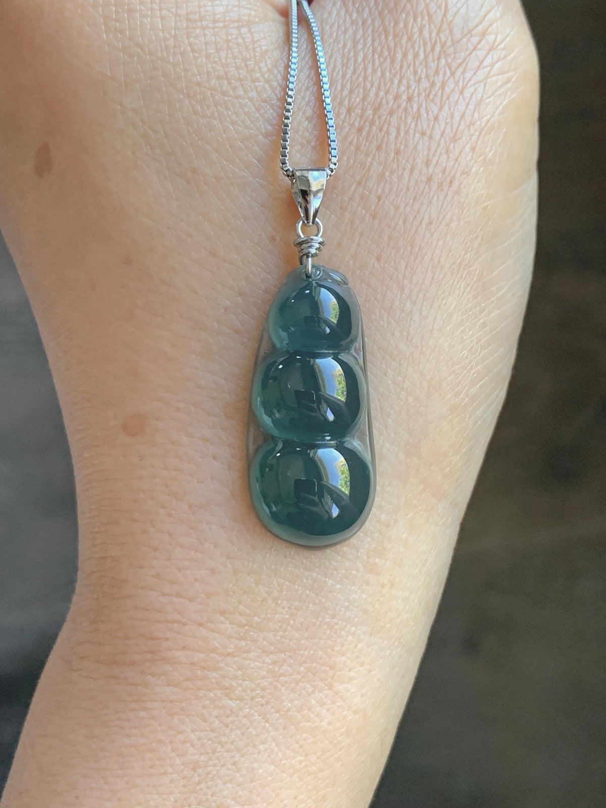 Natural Grade A Guatemalan Icy Translucent Dark Teal Blue Jade Jadeite Carved Peapod Pendant Sterling Silver 4g 天然冰危深蓝翡翠福豆吊坠 WLD90B