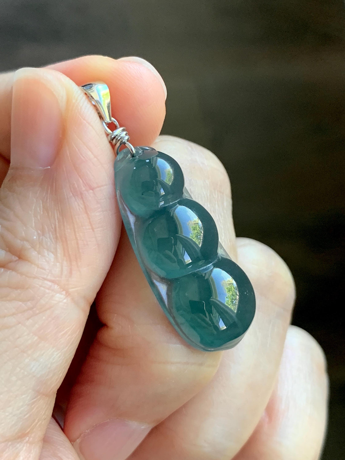 Natural Grade A Guatemalan Icy Translucent Dark Teal Blue Jade Jadeite Carved Peapod Pendant Sterling Silver 4g 天然冰危深蓝翡翠福豆吊坠 WLD90B