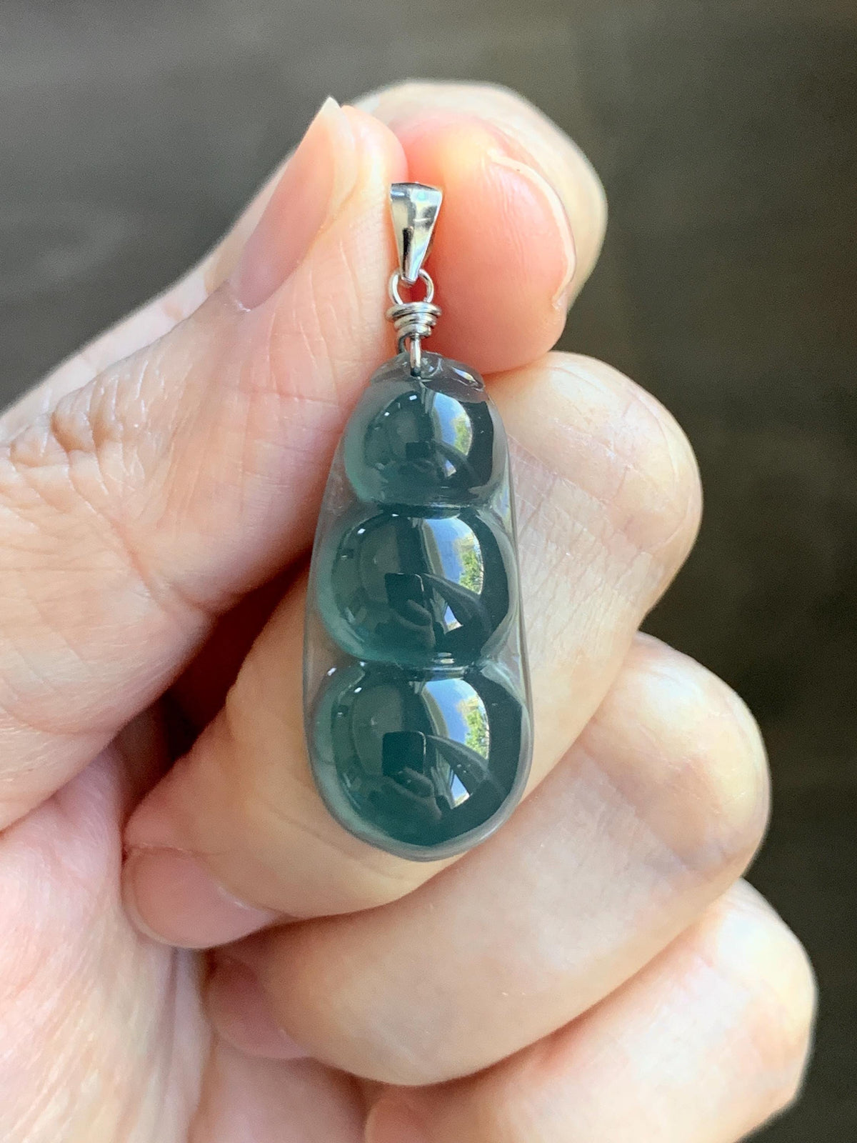 Natural Grade A Guatemalan Icy Translucent Dark Teal Blue Jade Jadeite Carved Peapod Pendant Sterling Silver 4g 天然冰危深蓝翡翠福豆吊坠 WLD90B