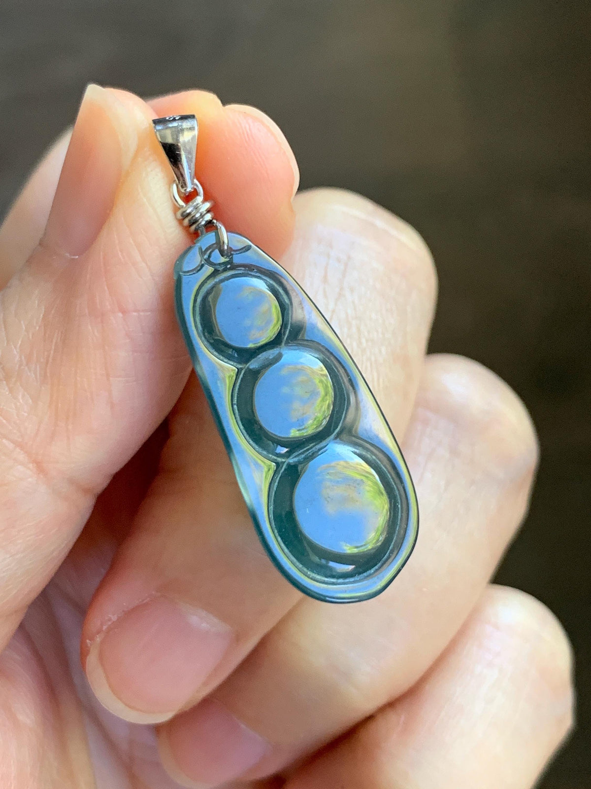 Natural Grade A Guatemalan Icy Translucent Dark Teal Blue Jade Jadeite Carved Peapod Pendant Sterling Silver 4g 天然冰危深蓝翡翠福豆吊坠 WLD90B