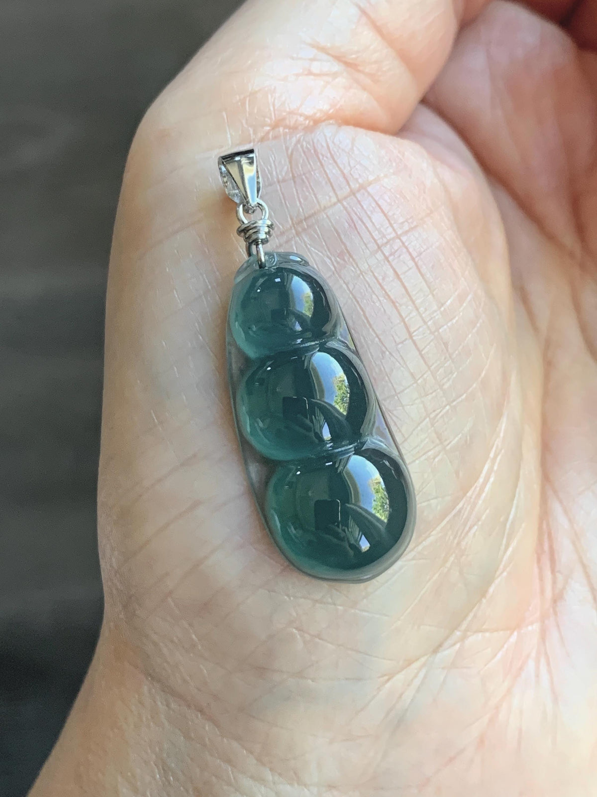 Natural Grade A Guatemalan Icy Translucent Dark Teal Blue Jade Jadeite Carved Peapod Pendant Sterling Silver 4g 天然冰危深蓝翡翠福豆吊坠 WLD90B