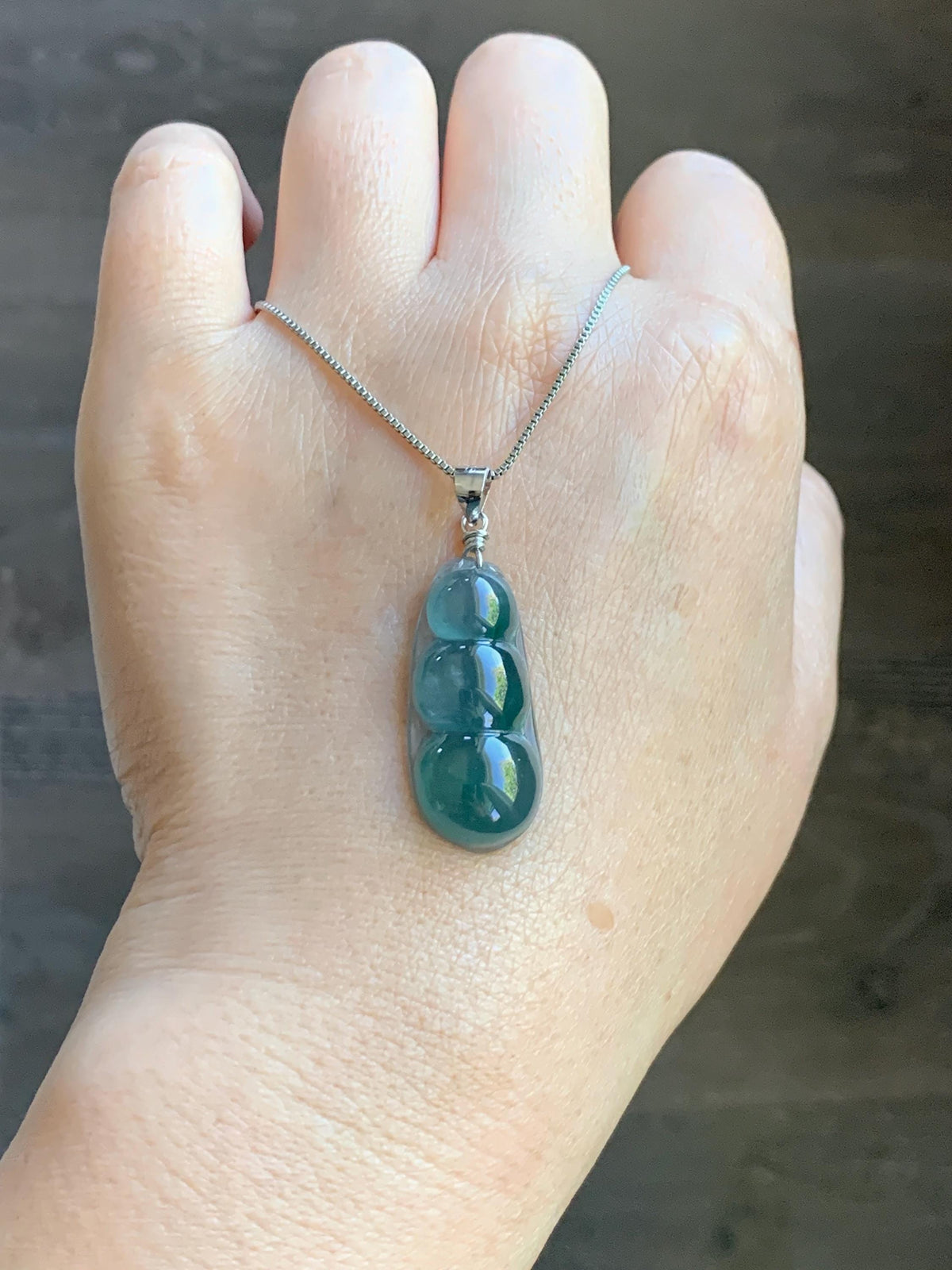 Natural Grade A Guatemalan Icy Translucent Dark Teal Blue Jade Jadeite Carved Peapod Pendant Sterling Silver 4g 天然冰危深蓝翡翠福豆吊坠 WLD90A