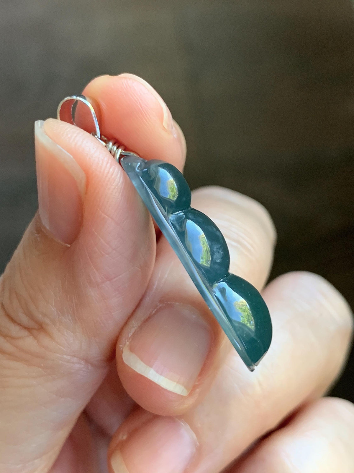 Natural Grade A Guatemalan Icy Translucent Dark Teal Blue Jade Jadeite Carved Peapod Pendant Sterling Silver 4g 天然冰危深蓝翡翠福豆吊坠 WLD90A