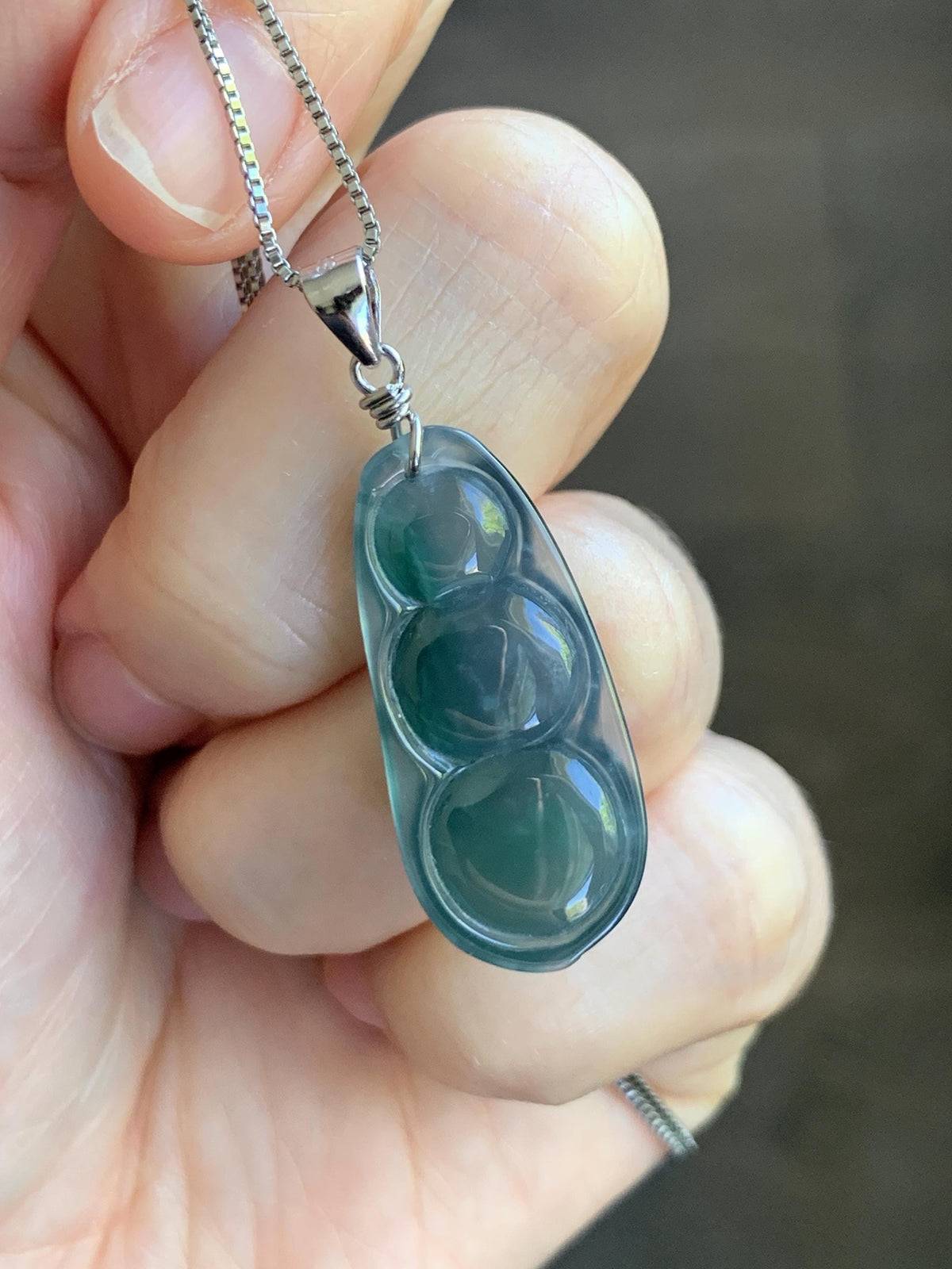 Natural Grade A Guatemalan Icy Translucent Dark Teal Blue Jade Jadeite Carved Peapod Pendant Sterling Silver 4g 天然冰危深蓝翡翠福豆吊坠 WLD90A