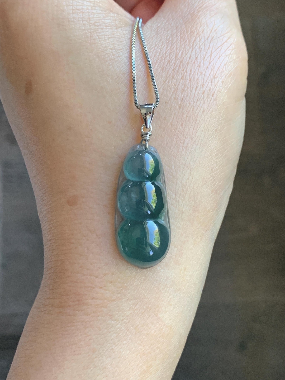 Natural Grade A Guatemalan Icy Translucent Dark Teal Blue Jade Jadeite Carved Peapod Pendant Sterling Silver 4g 天然冰危深蓝翡翠福豆吊坠 WLD90A