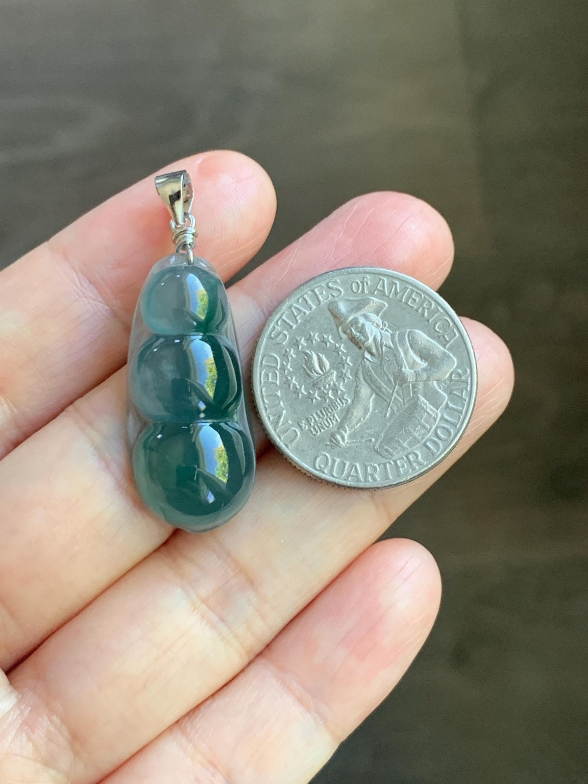 Natural Grade A Guatemalan Icy Translucent Dark Teal Blue Jade Jadeite Carved Peapod Pendant Sterling Silver 4g 天然冰危深蓝翡翠福豆吊坠 WLD90A
