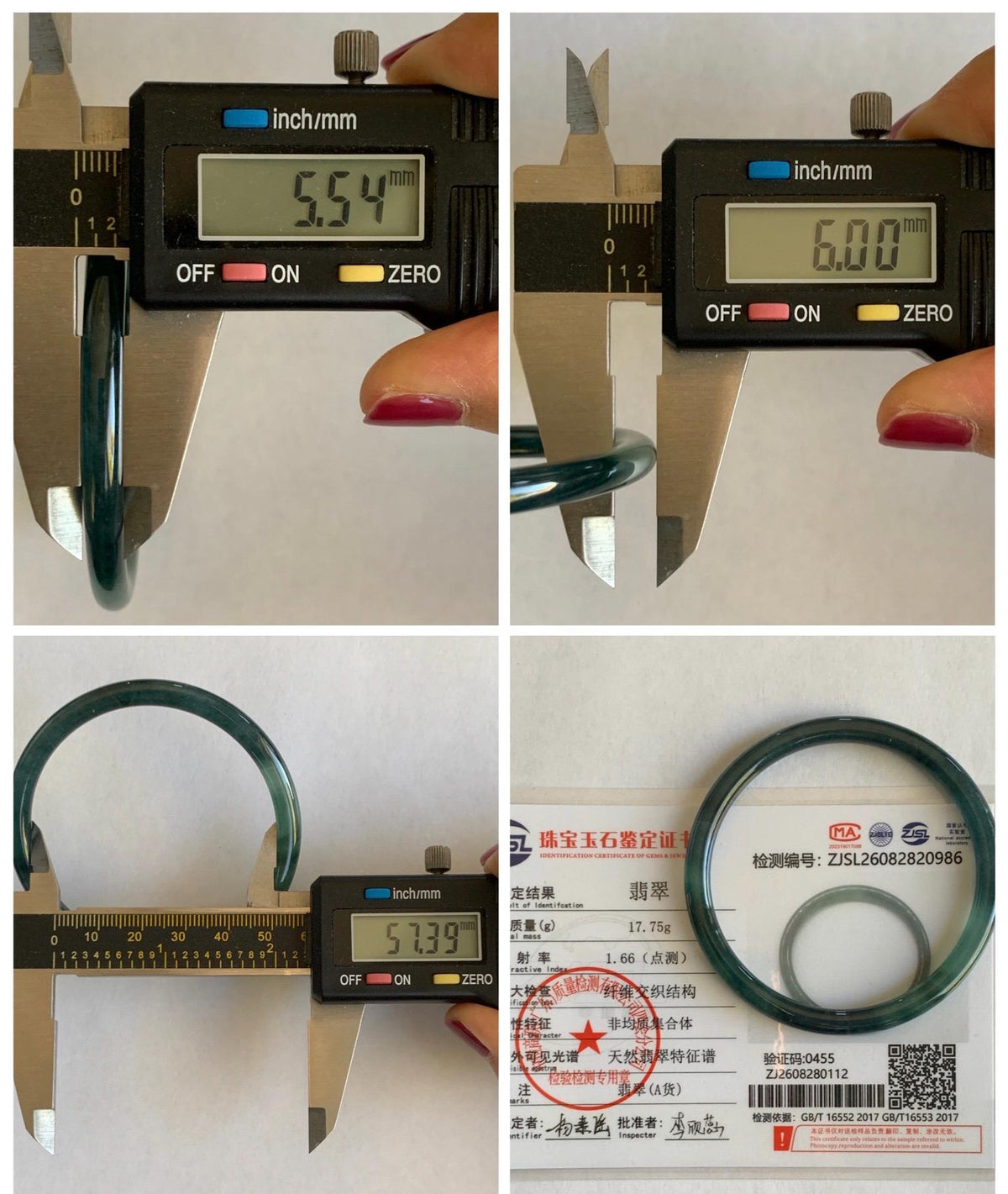 Certified Natural Grade A Guatemalan Icy Highly Translucent Dark Teal Green Jade Jadeite Slim Bangle 57.39mm 7.09” 17.75g 天然冰胶危深蓝绿翡翠细圆条手镯986