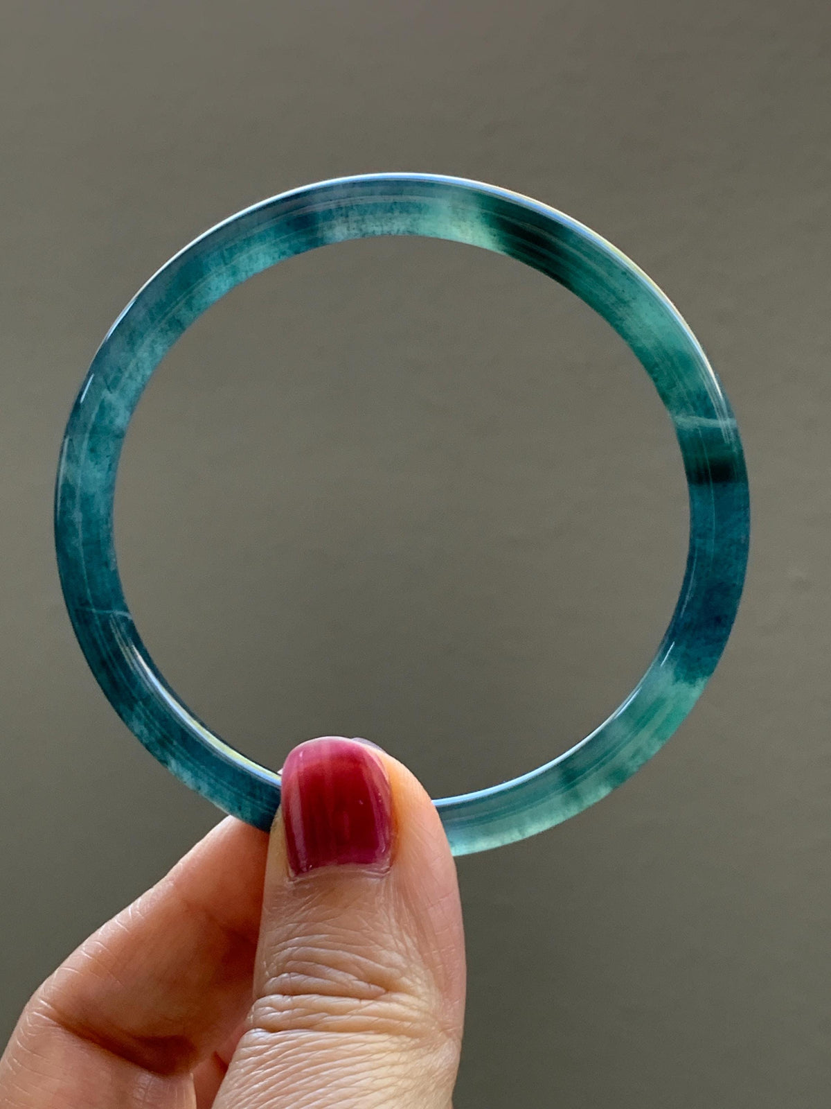 Certified Natural Grade A Guatemalan Icy Highly Translucent Dark Teal Green Jade Jadeite Slim Bangle 57.39mm 7.09” 17.75g 天然冰胶危深蓝绿翡翠细圆条手镯986