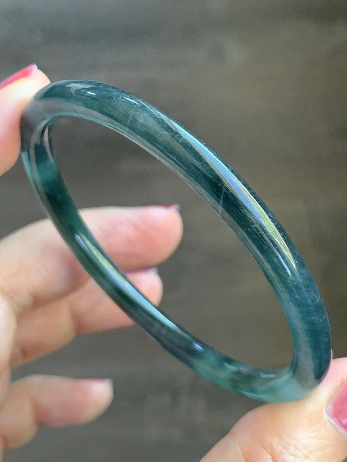 Certified Natural Grade A Guatemalan Icy Highly Translucent Dark Teal Green Jade Jadeite Slim Bangle 57.39mm 7.09” 17.75g 天然冰胶危深蓝绿翡翠细圆条手镯986