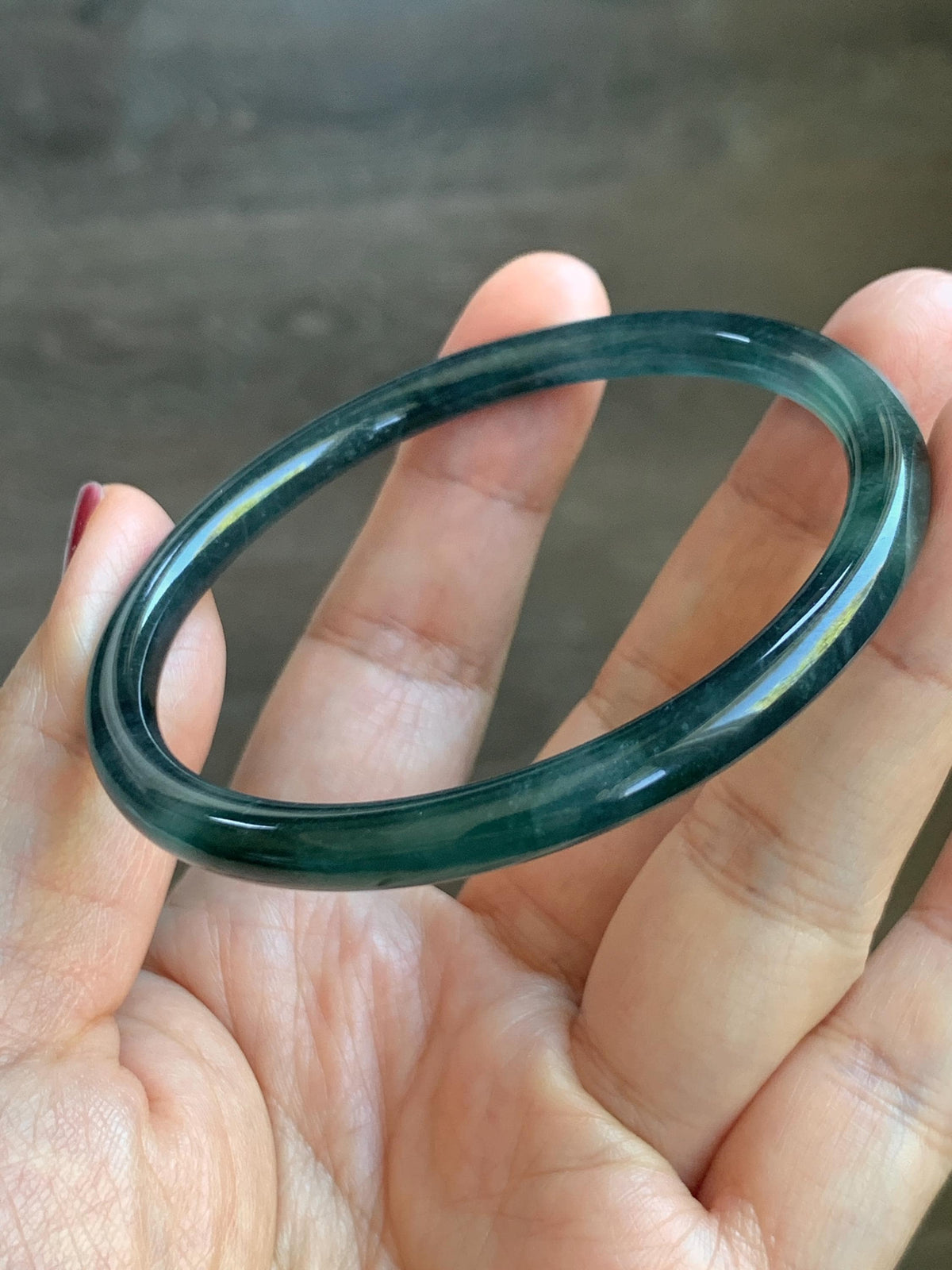 Certified Natural Grade A Guatemalan Icy Highly Translucent Dark Teal Green Jade Jadeite Slim Bangle 57.39mm 7.09” 17.75g 天然冰胶危深蓝绿翡翠细圆条手镯986