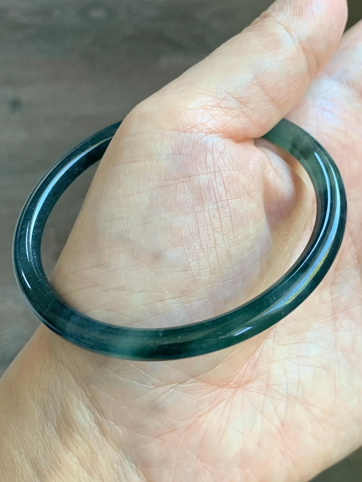 Certified Natural Grade A Guatemalan Icy Highly Translucent Dark Teal Green Jade Jadeite Slim Bangle 57.39mm 7.09” 17.75g 天然冰胶危深蓝绿翡翠细圆条手镯986