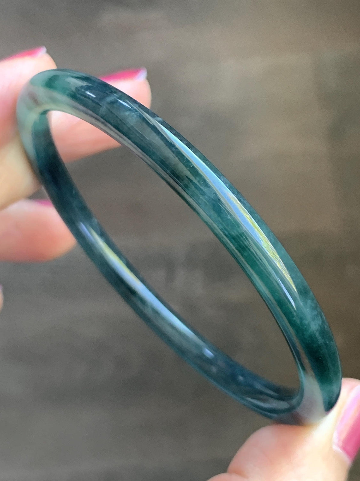 Certified Natural Grade A Guatemalan Icy Highly Translucent Dark Teal Green Jade Jadeite Slim Bangle 57.39mm 7.09” 17.75g 天然冰胶危深蓝绿翡翠细圆条手镯986