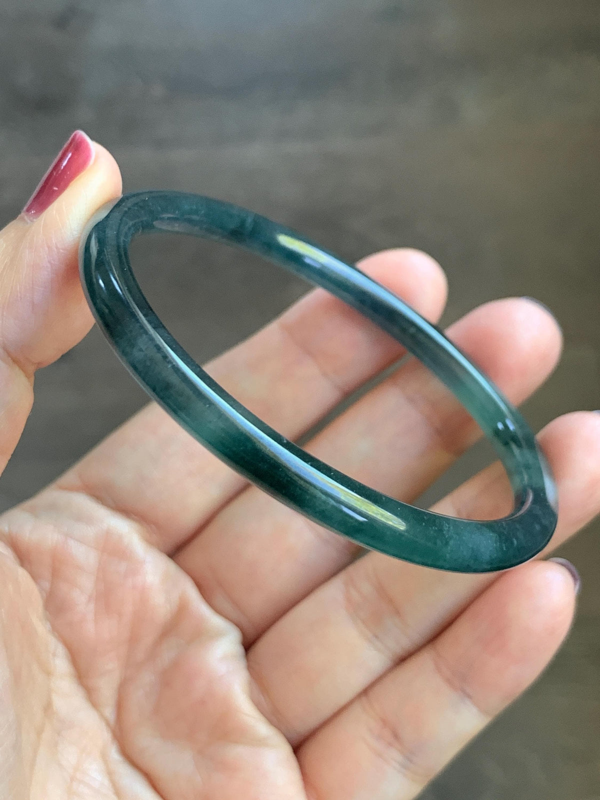 Certified Natural Grade A Guatemalan Icy Highly Translucent Dark Teal Green Jade Jadeite Slim Bangle 57.39mm 7.09” 17.75g 天然冰胶危深蓝绿翡翠细圆条手镯986