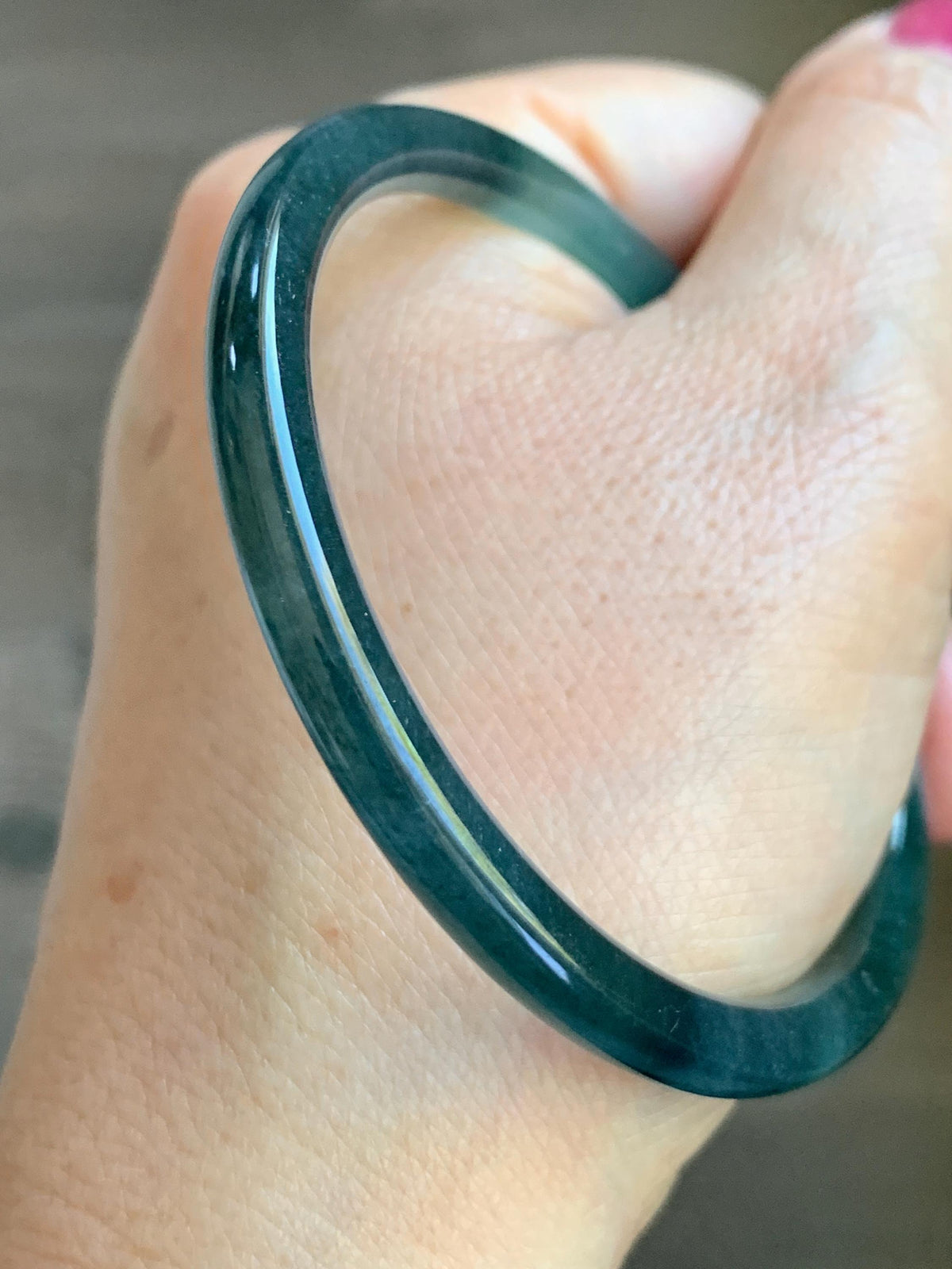 Certified Natural Grade A Guatemalan Icy Highly Translucent Dark Teal Green Jade Jadeite Slim Bangle 57.39mm 7.09” 17.75g 天然冰胶危深蓝绿翡翠细圆条手镯986