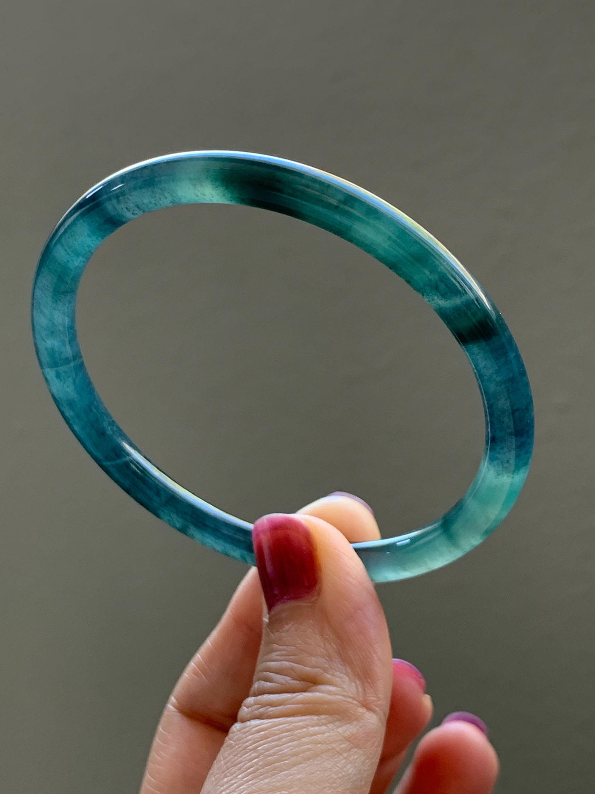 Certified Natural Grade A Guatemalan Icy Highly Translucent Dark Teal Green Jade Jadeite Slim Bangle 57.39mm 7.09” 17.75g 天然冰胶危深蓝绿翡翠细圆条手镯986
