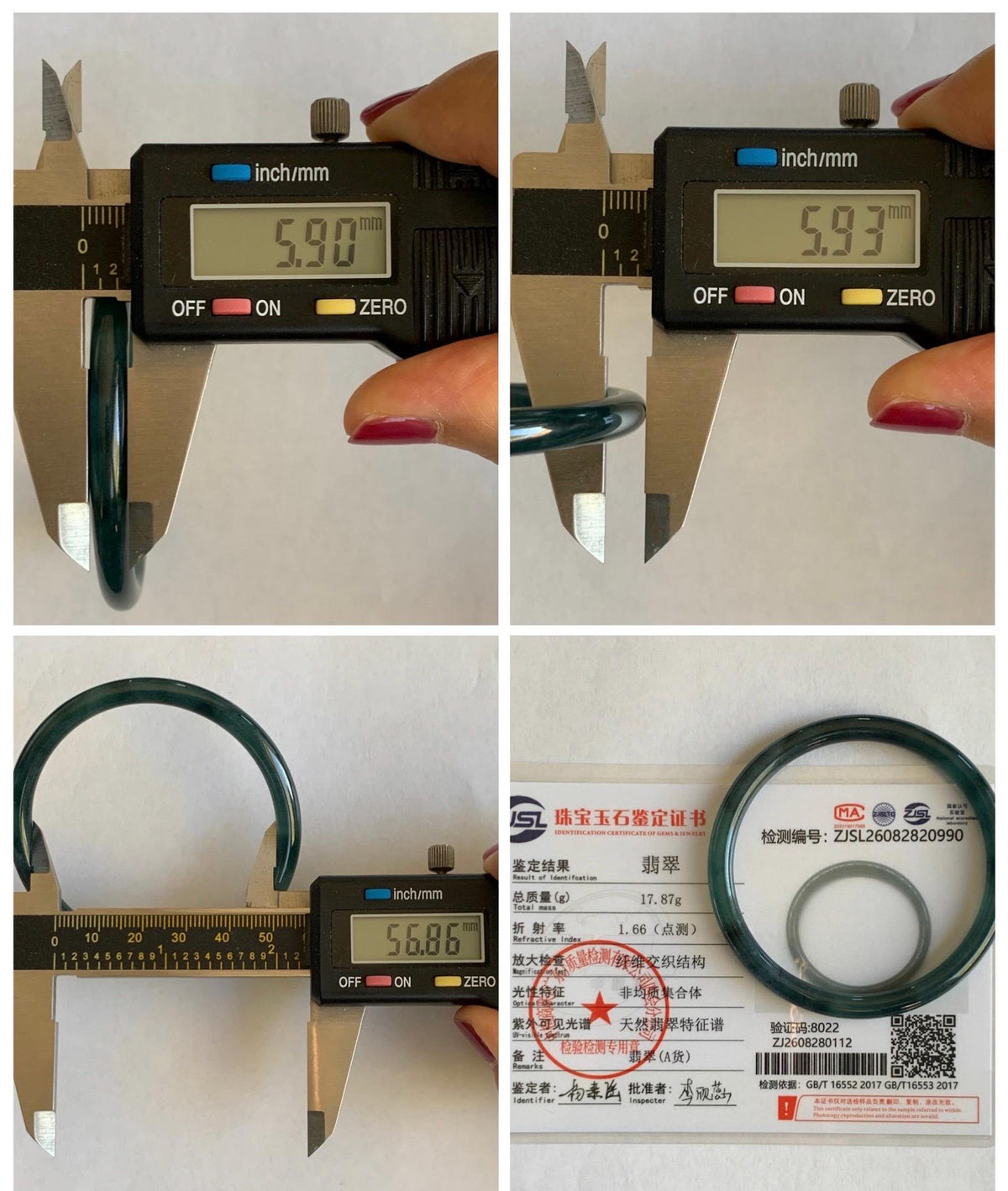 Certified Natural Grade A Guatemalan Icy Highly Translucent Dark Teal Green Jade Jadeite Slim Bangle 56.86mm 7” 17.87g 天然冰胶危深蓝绿翡翠细圆条手镯 990