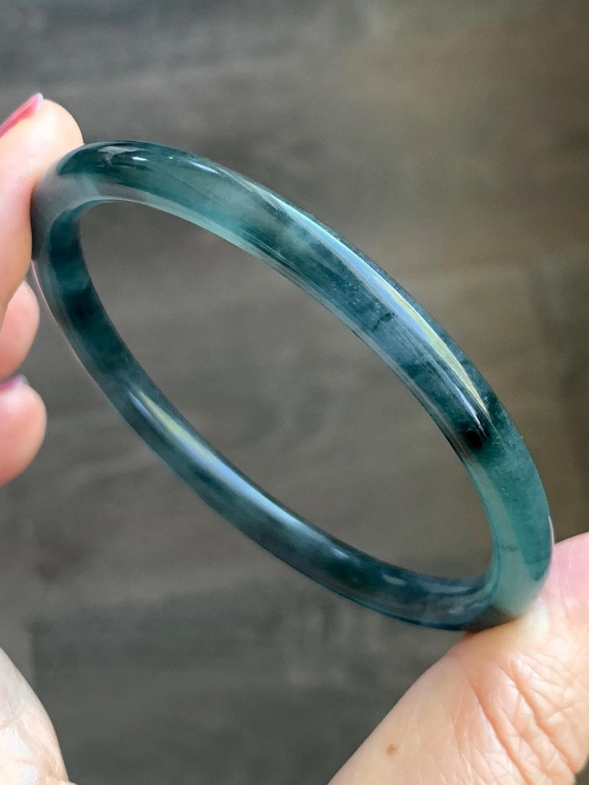 Certified Natural Grade A Guatemalan Icy Highly Translucent Dark Teal Green Jade Jadeite Slim Bangle 56.86mm 7” 17.87g 天然冰胶危深蓝绿翡翠细圆条手镯 990