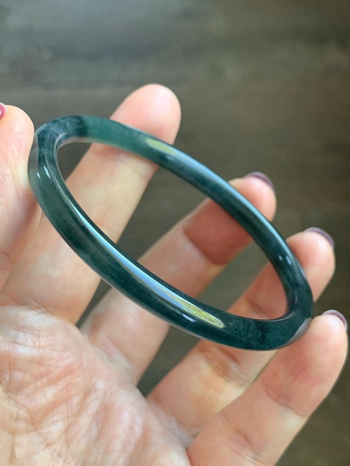Certified Natural Grade A Guatemalan Icy Highly Translucent Dark Teal Green Jade Jadeite Slim Bangle 56.86mm 7” 17.87g 天然冰胶危深蓝绿翡翠细圆条手镯 990