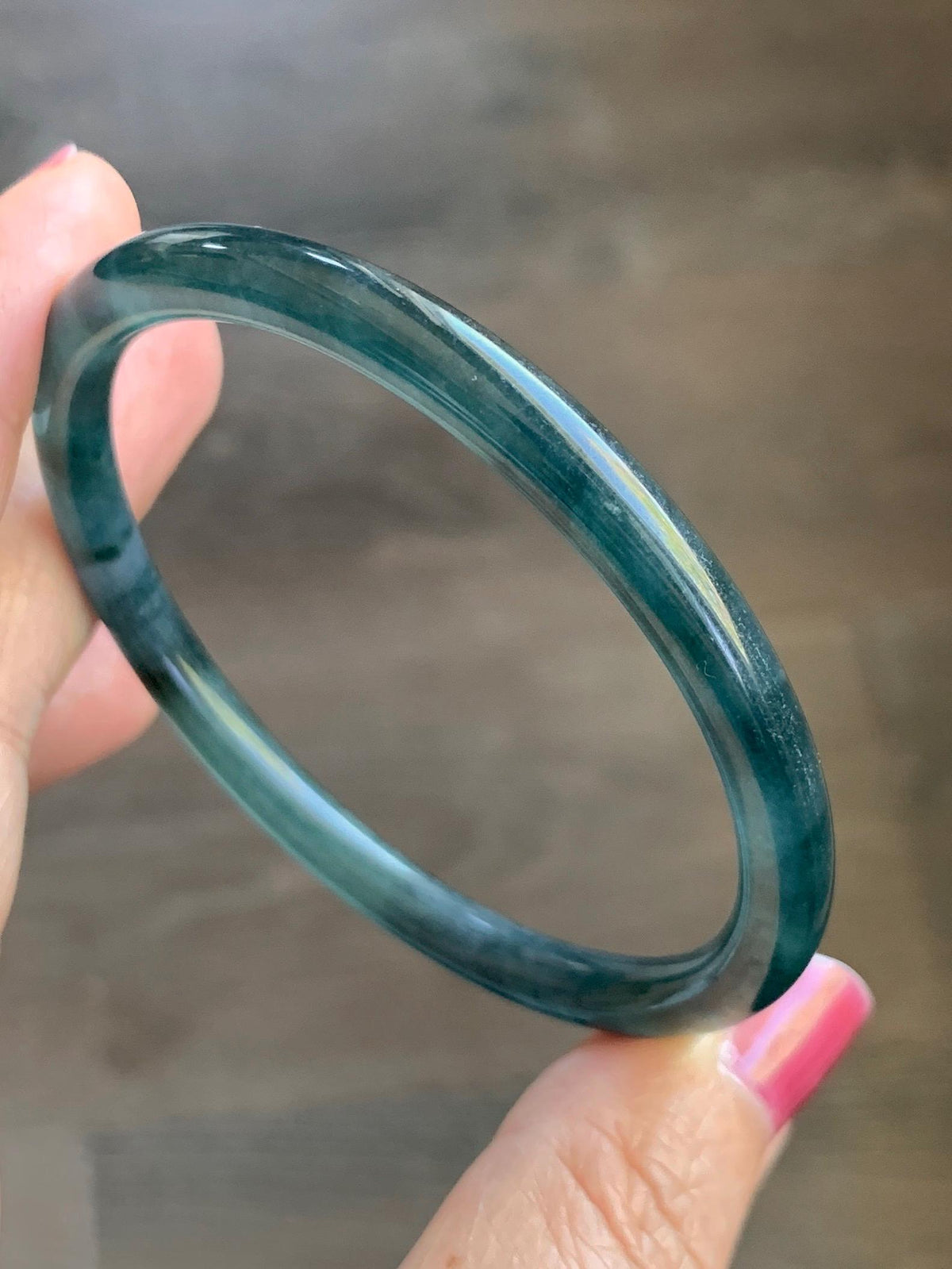 Certified Natural Grade A Guatemalan Icy Highly Translucent Dark Teal Green Jade Jadeite Slim Bangle 56.86mm 7” 17.87g 天然冰胶危深蓝绿翡翠细圆条手镯 990