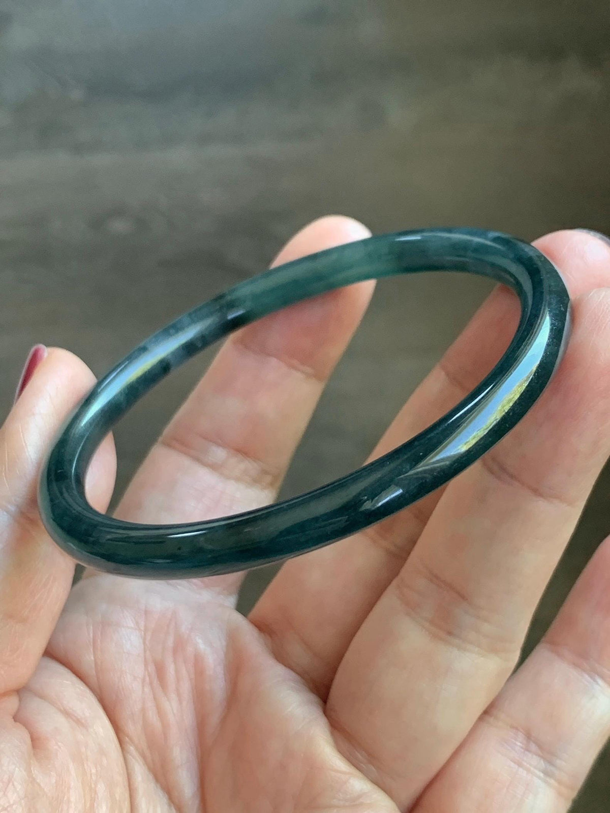 Certified Natural Grade A Guatemalan Icy Highly Translucent Dark Teal Green Jade Jadeite Slim Bangle 56.86mm 7” 17.87g 天然冰胶危深蓝绿翡翠细圆条手镯 990