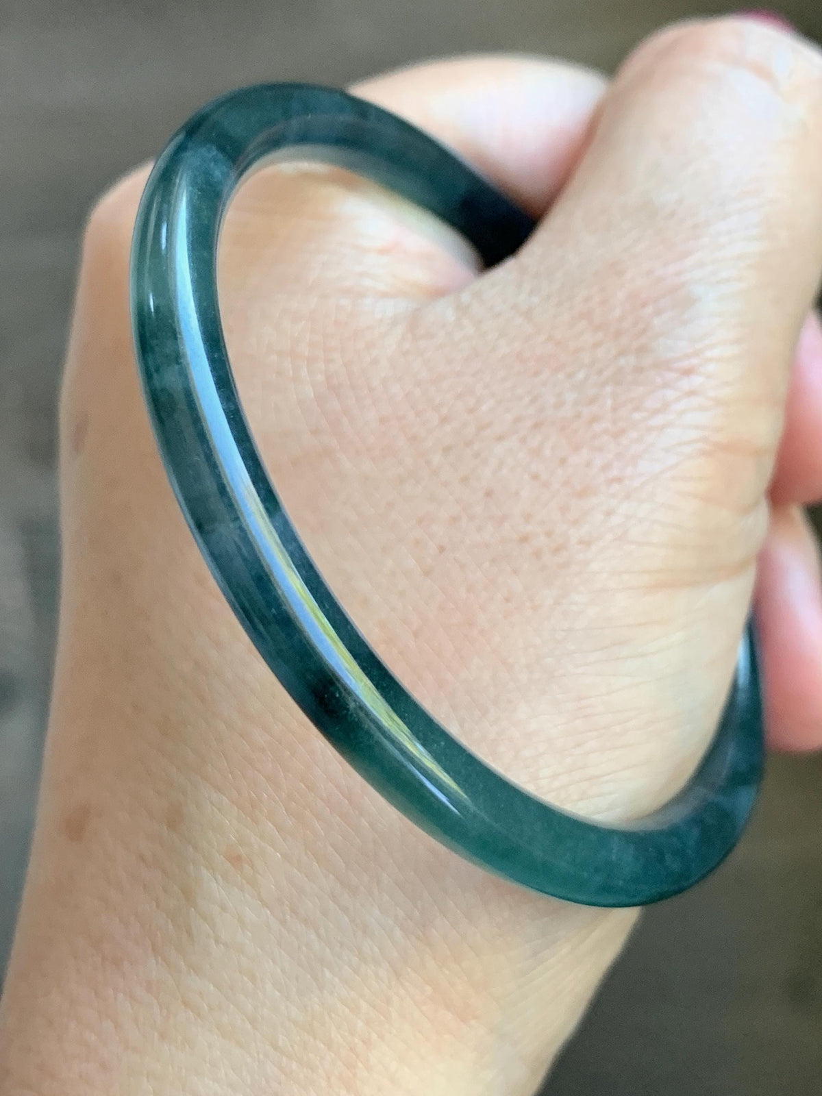 Certified Natural Grade A Guatemalan Icy Highly Translucent Dark Teal Green Jade Jadeite Slim Bangle 56.86mm 7” 17.87g 天然冰胶危深蓝绿翡翠细圆条手镯 990