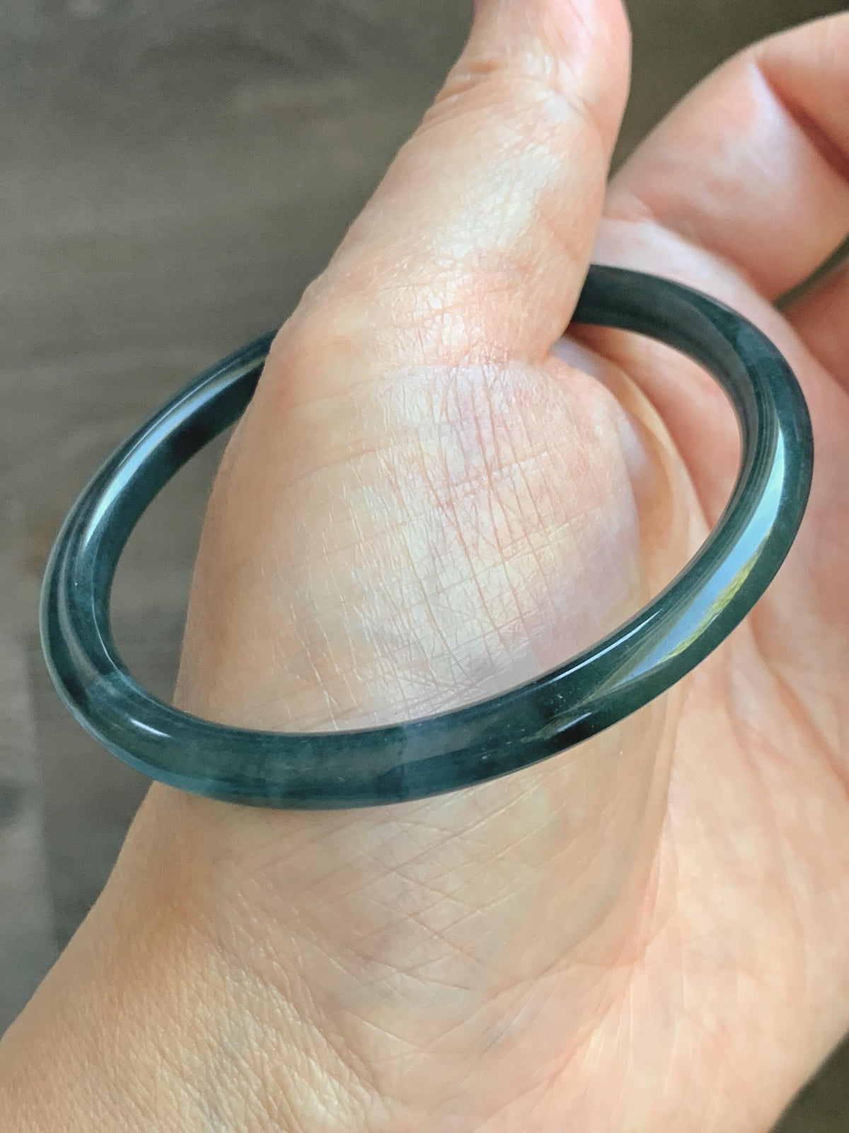 Certified Natural Grade A Guatemalan Icy Highly Translucent Dark Teal Green Jade Jadeite Slim Bangle 56.86mm 7” 17.87g 天然冰胶危深蓝绿翡翠细圆条手镯 990