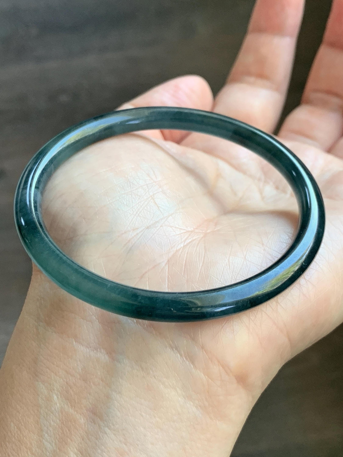 Certified Natural Grade A Guatemalan Icy Highly Translucent Dark Teal Green Jade Jadeite Slim Bangle 56.86mm 7” 17.87g 天然冰胶危深蓝绿翡翠细圆条手镯 990