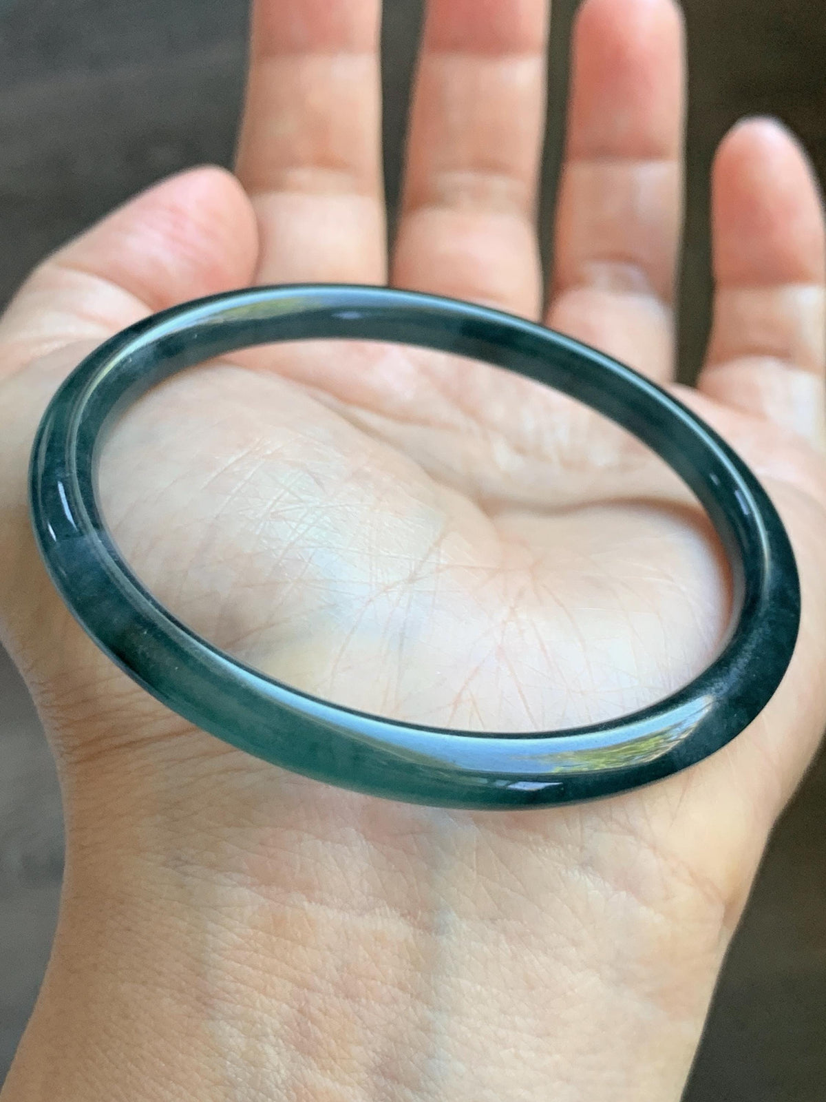 Certified Natural Grade A Guatemalan Icy Highly Translucent Dark Teal Green Jade Jadeite Slim Bangle 56.86mm 7” 17.87g 天然冰胶危深蓝绿翡翠细圆条手镯 990
