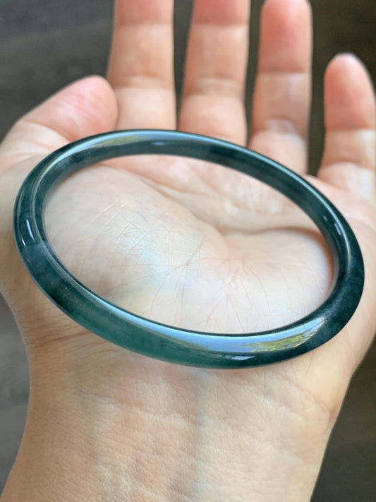 Certified Natural Grade A Guatemalan Icy Highly Translucent Dark Teal Green Jade Jadeite Slim Bangle 56.86mm 7” 17.87g 天然冰胶危深蓝绿翡翠细圆条手镯 990