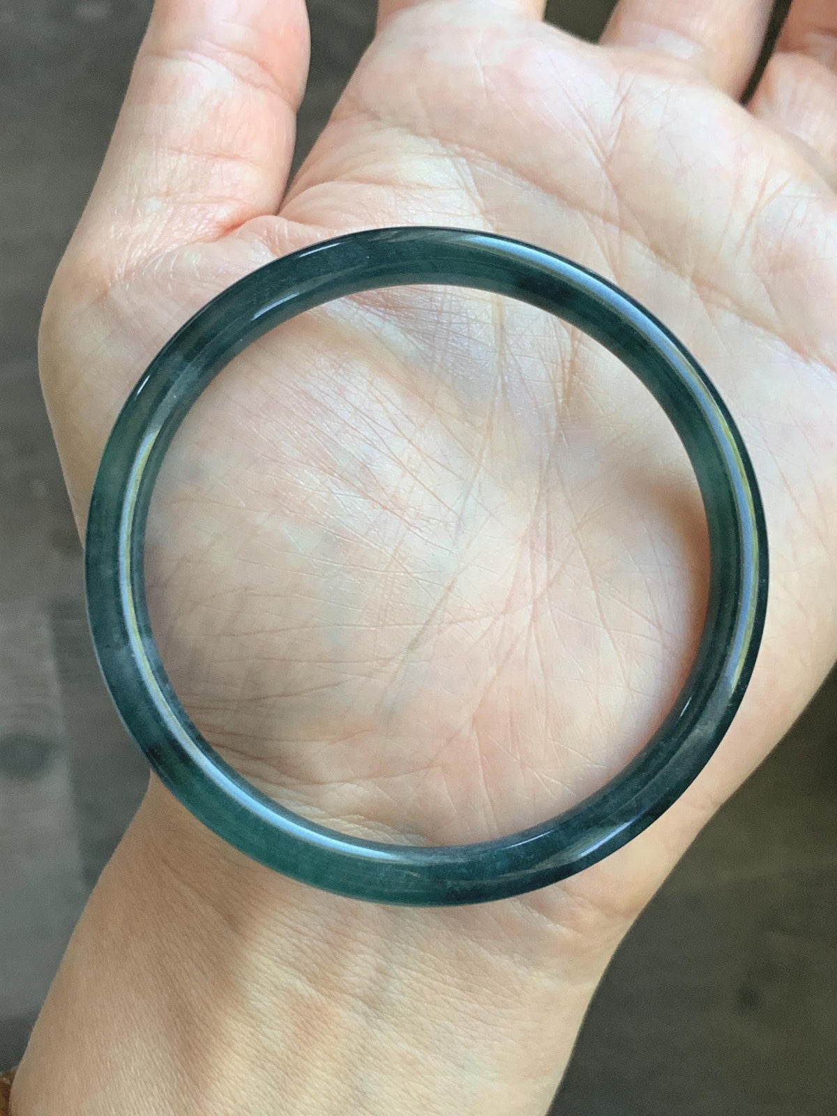 Certified Natural Grade A Guatemalan Icy Highly Translucent Dark Teal Green Jade Jadeite Slim Bangle 56.86mm 7” 17.87g 天然冰胶危深蓝绿翡翠细圆条手镯 990