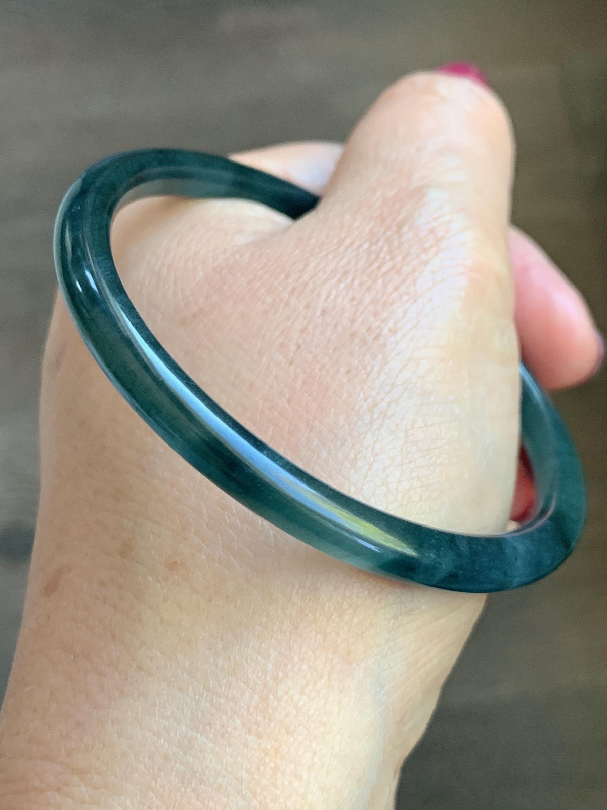 Certified Natural Grade A Guatemalan Icy Highly Translucent Dark Teal Green Jade Jadeite Slim Bangle 56.86mm 7” 17.87g 天然冰胶危深蓝绿翡翠细圆条手镯 990