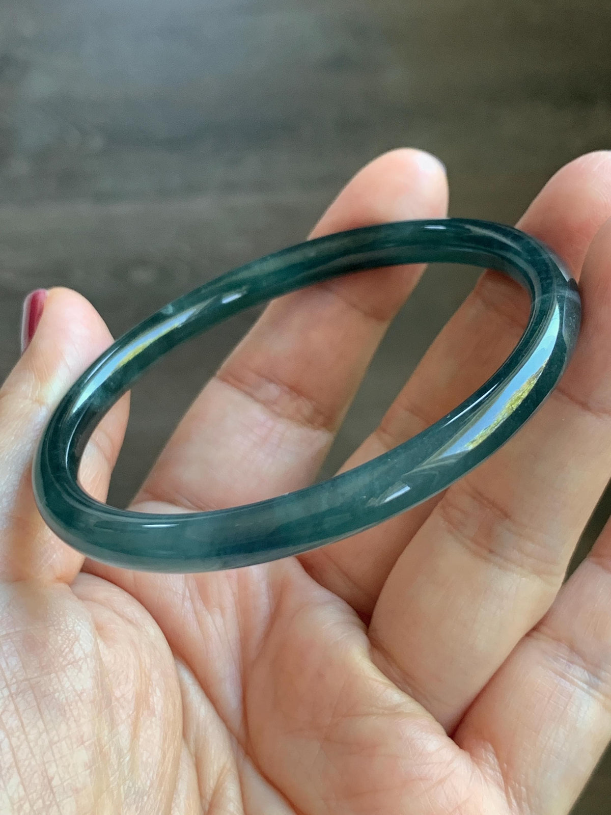 Certified Natural Grade A Guatemalan Icy Highly Translucent Dark Teal Blue Jade Jadeite Slim Bangle 56.46mm 6.98” 17.77g 天然冰胶危深蓝绿翡翠细圆条手镯 995