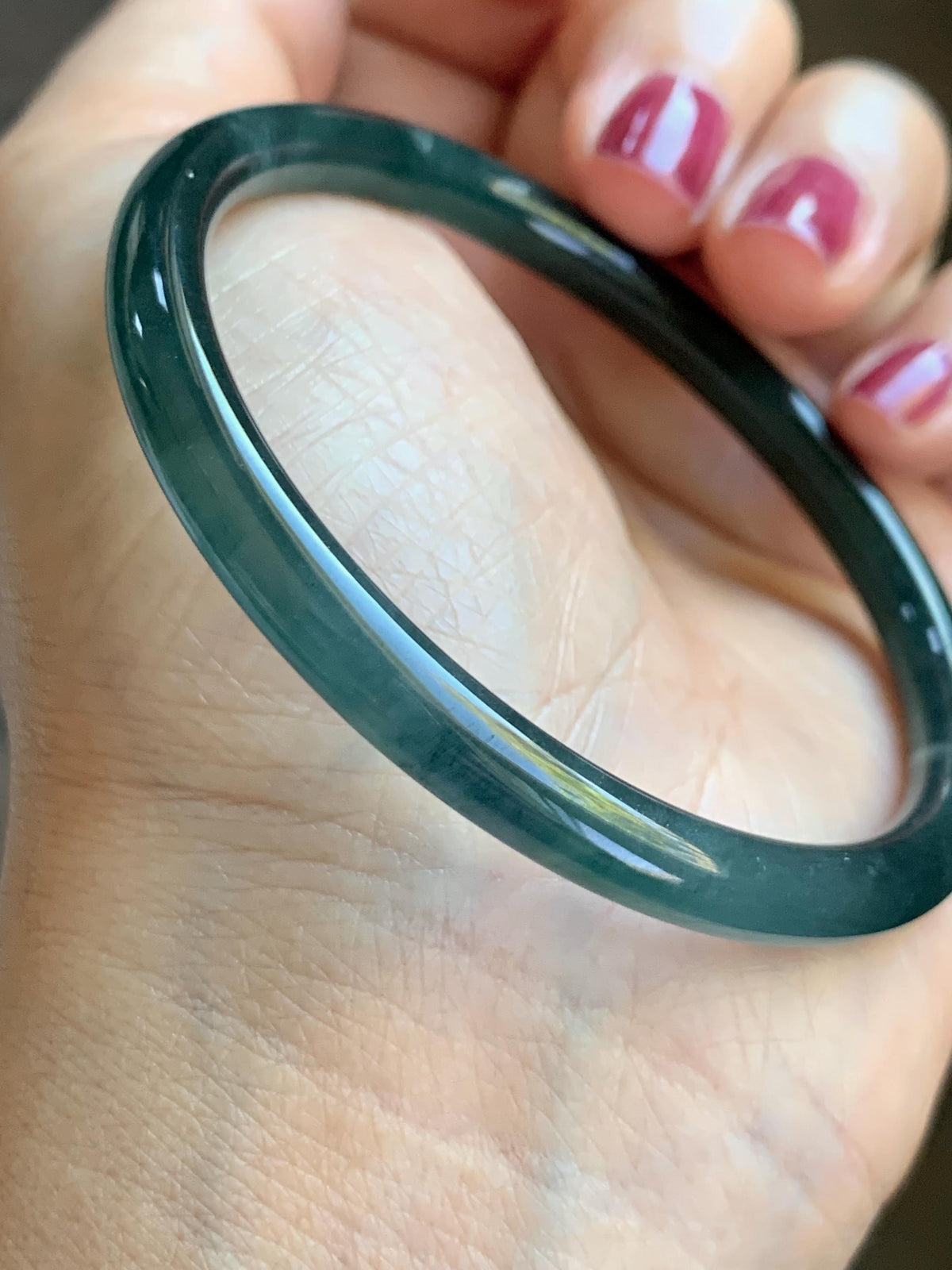 Certified Natural Grade A Guatemalan Icy Highly Translucent Dark Teal Blue Jade Jadeite Slim Bangle 56.46mm 6.98” 17.77g 天然冰胶危深蓝绿翡翠细圆条手镯 995