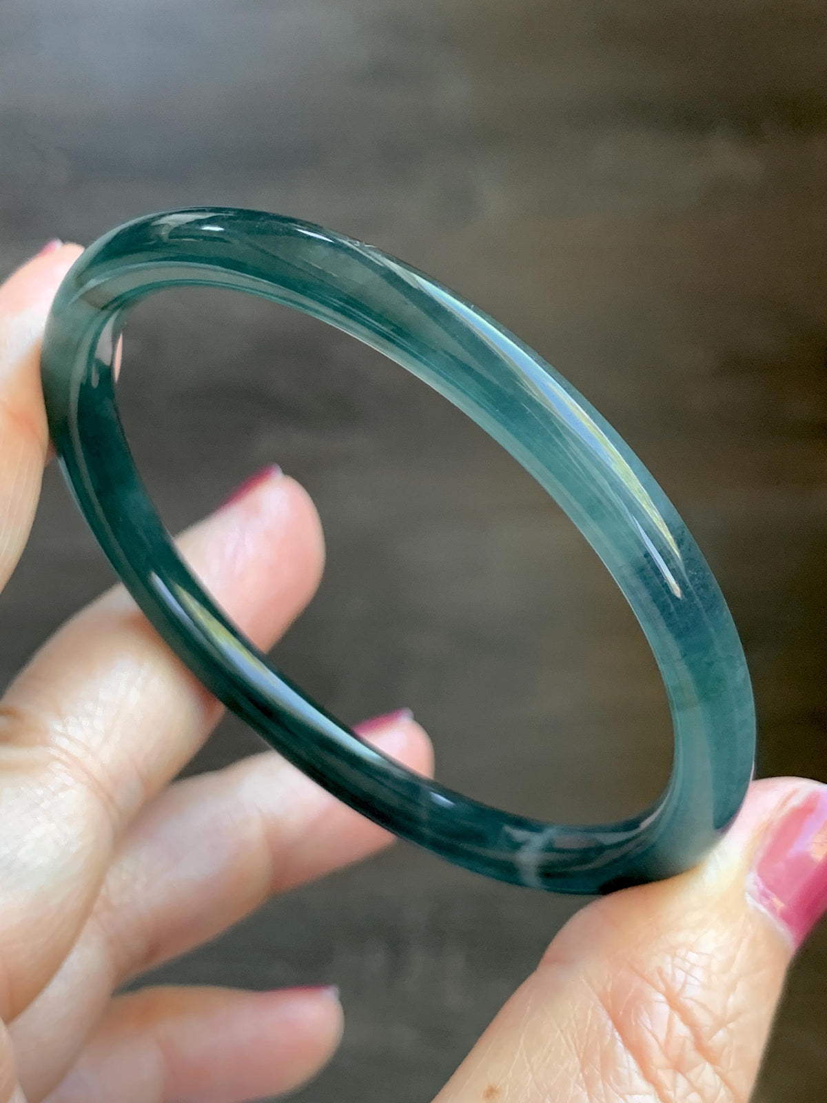 Certified Natural Grade A Guatemalan Icy Highly Translucent Dark Teal Blue Jade Jadeite Slim Bangle 56.46mm 6.98” 17.77g 天然冰胶危深蓝绿翡翠细圆条手镯 995