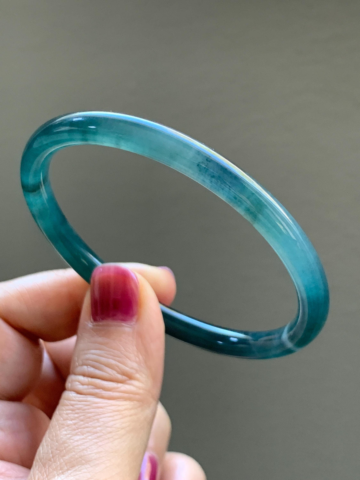 Certified Natural Grade A Guatemalan Icy Highly Translucent Dark Teal Blue Jade Jadeite Slim Bangle 56.46mm 6.98” 17.77g 天然冰胶危深蓝绿翡翠细圆条手镯 995