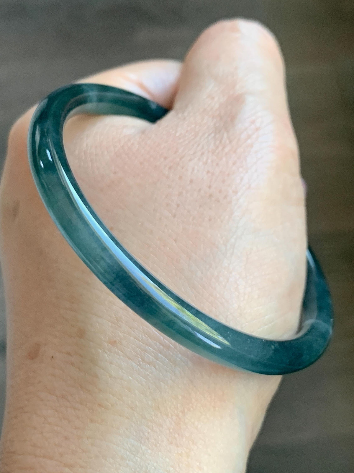 Certified Natural Grade A Guatemalan Icy Highly Translucent Dark Teal Blue Jade Jadeite Slim Bangle 56.46mm 6.98” 17.77g 天然冰胶危深蓝绿翡翠细圆条手镯 995