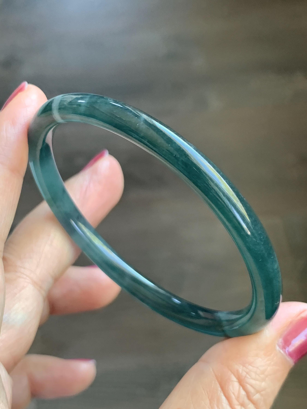 Certified Natural Grade A Guatemalan Icy Highly Translucent Dark Teal Blue Jade Jadeite Slim Bangle 56.46mm 6.98” 17.77g 天然冰胶危深蓝绿翡翠细圆条手镯 995