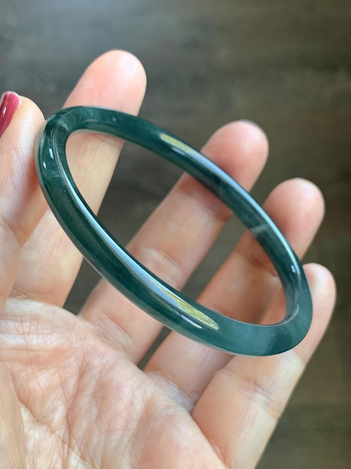 Certified Natural Grade A Guatemalan Icy Highly Translucent Dark Teal Blue Jade Jadeite Slim Bangle 56.46mm 6.98” 17.77g 天然冰胶危深蓝绿翡翠细圆条手镯 995