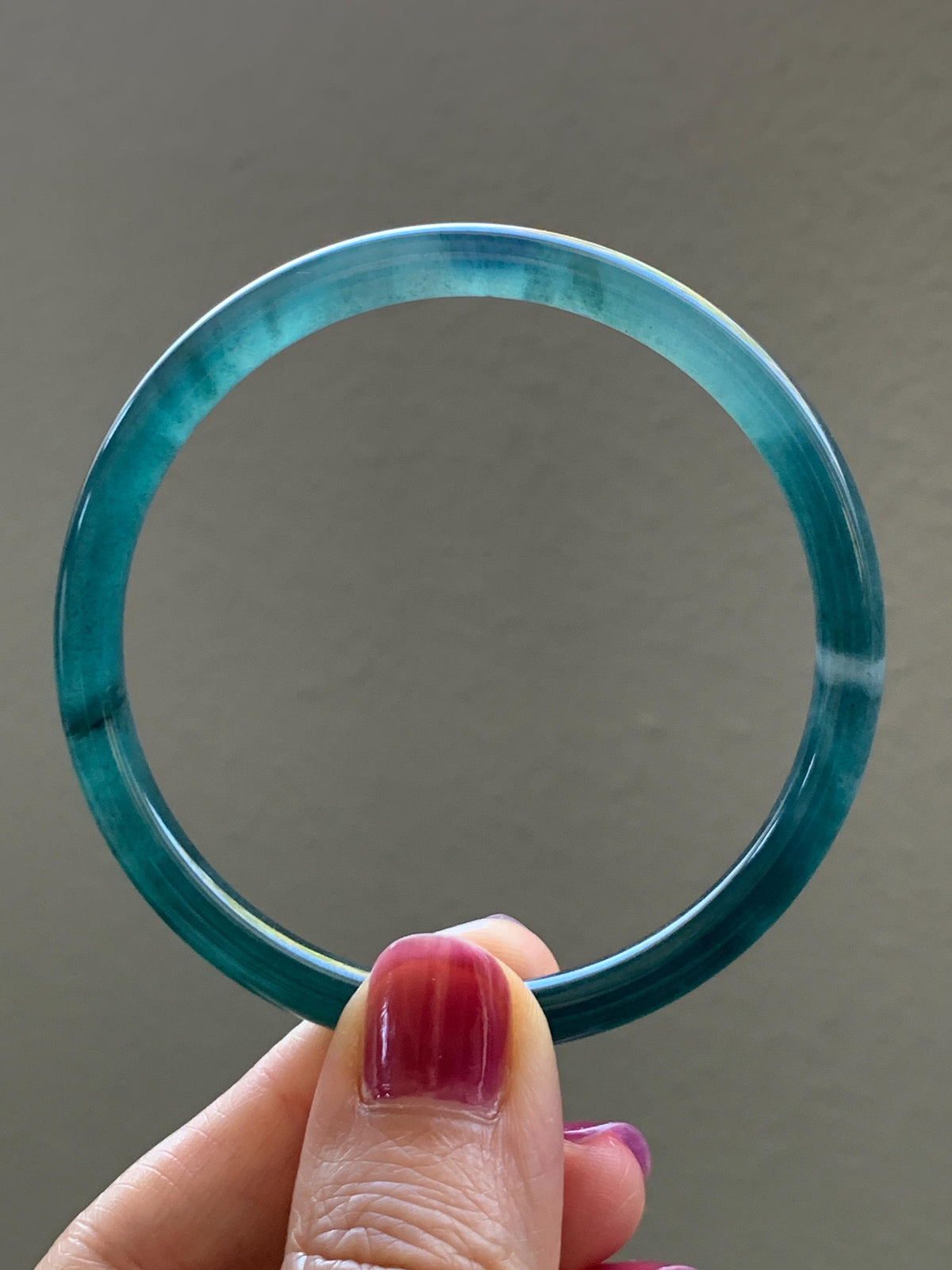 Certified Natural Grade A Guatemalan Icy Highly Translucent Dark Teal Blue Jade Jadeite Slim Bangle 56.46mm 6.98” 17.77g 天然冰胶危深蓝绿翡翠细圆条手镯 995