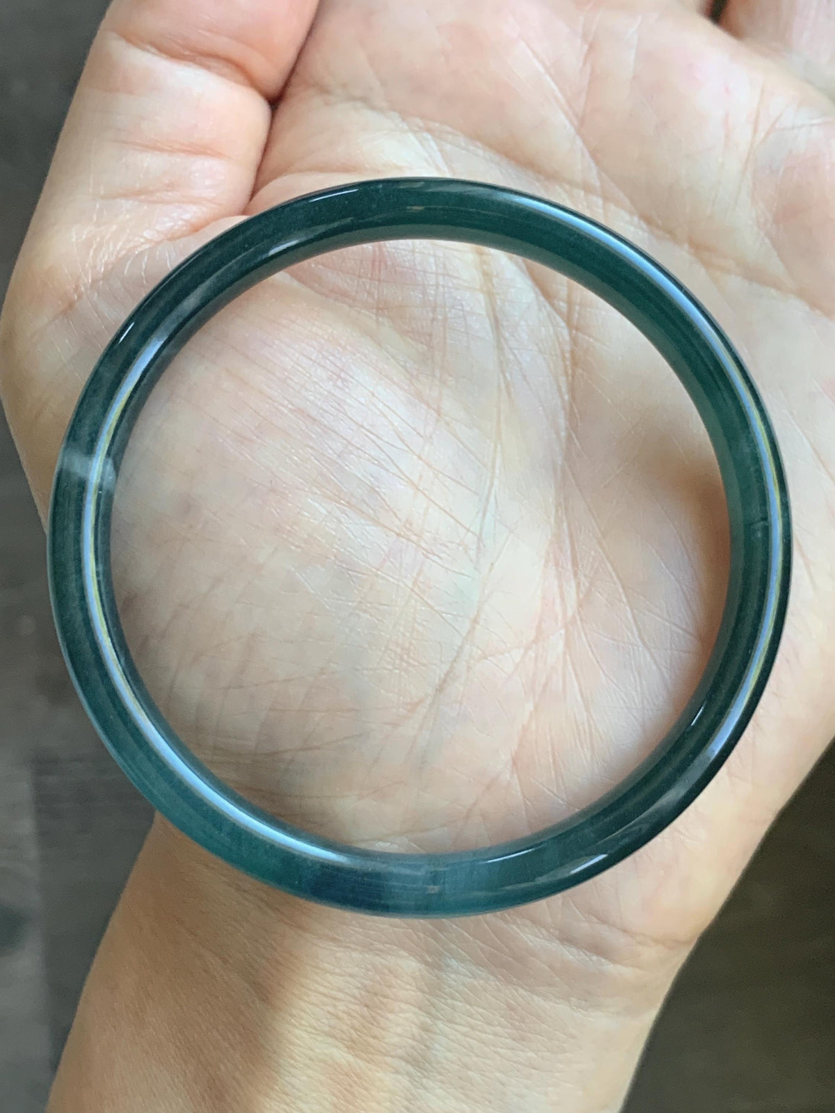 Certified Natural Grade A Guatemalan Icy Highly Translucent Dark Teal Blue Jade Jadeite Slim Bangle 56.46mm 6.98” 17.77g 天然冰胶危深蓝绿翡翠细圆条手镯 995