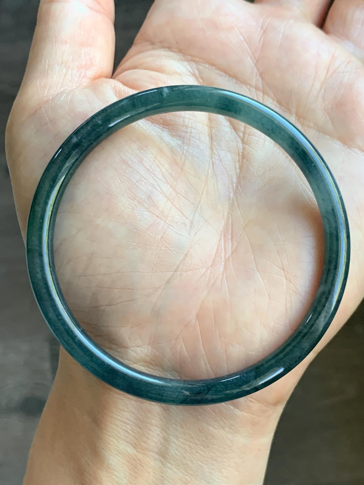Certified Natural Grade A Guatemalan Icy Highly Translucent Dark Teal Blue Jade Jadeite Slim Bangle 58.23mm 7.2” 17g 天然冰胶危深蓝绿翡翠细圆条手镯 987